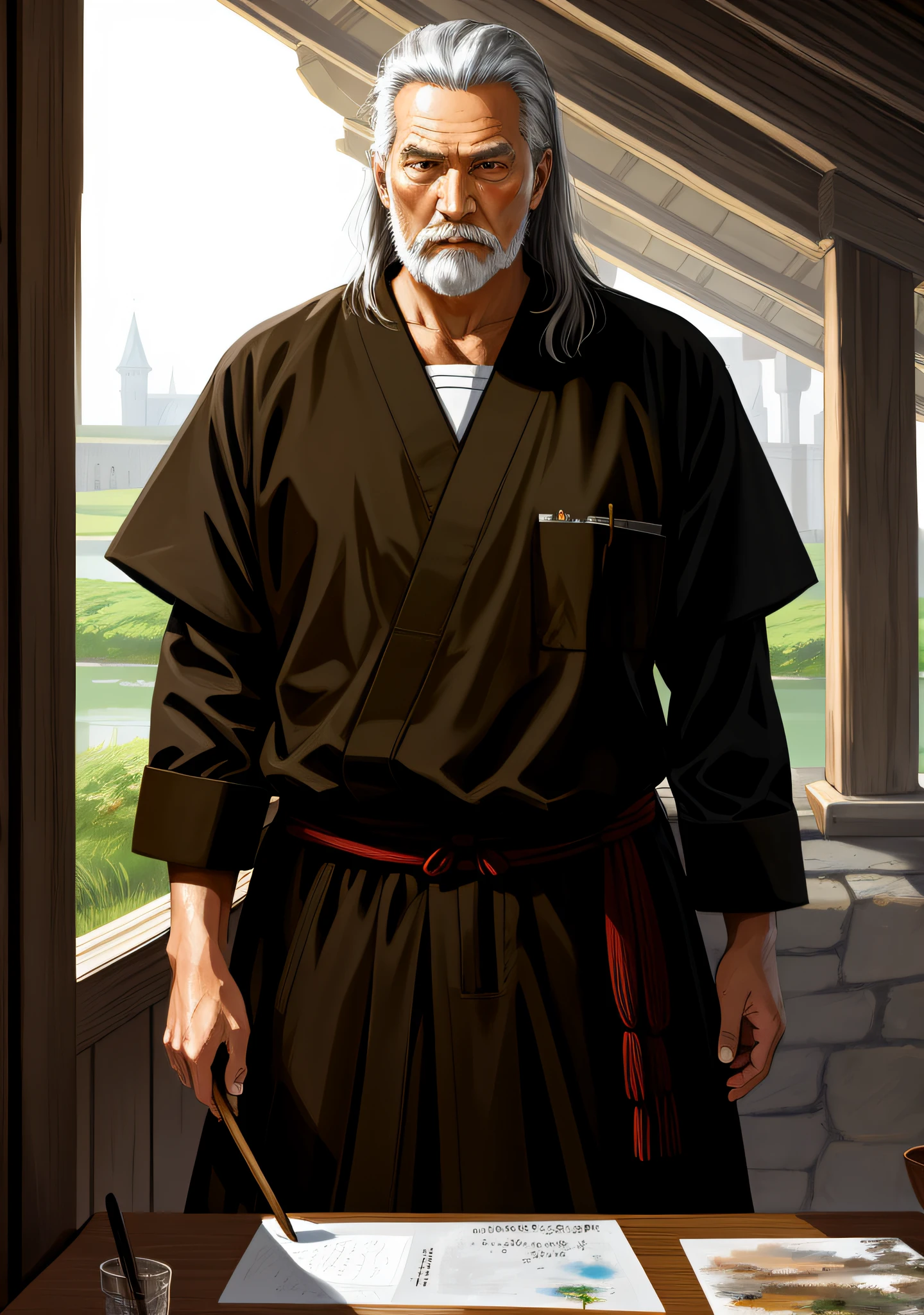 epic realistic, high-quality artwork of a oldman、Rough brush strokes、moat Masashi