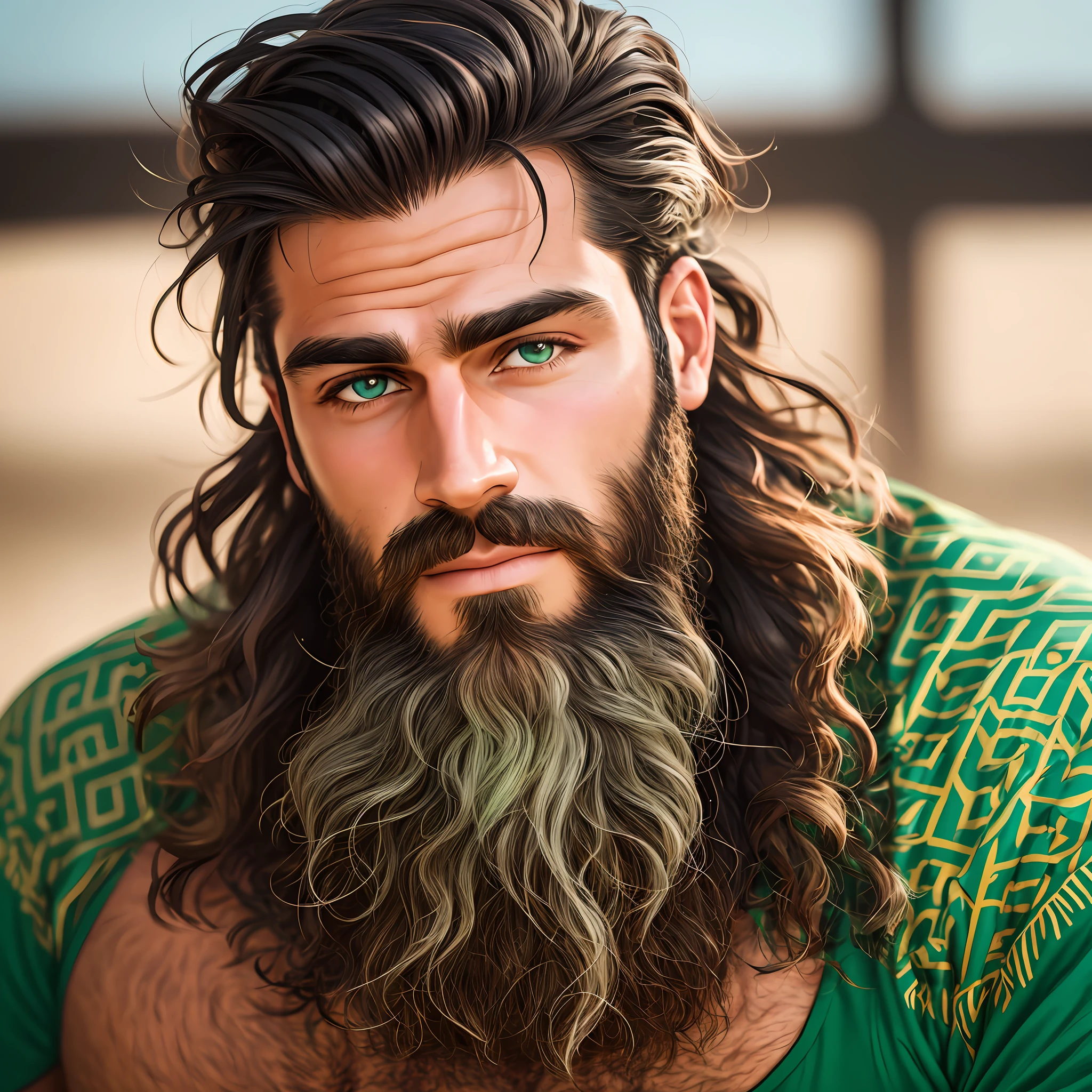 full frame, close portrait, cute, male model, white man, bearded, hairy, active, tanned skin, lowered black hair, green eyes, (skin texture), skin pores, shallow depth of field, sharp eye focus, backlit --auto --s2
