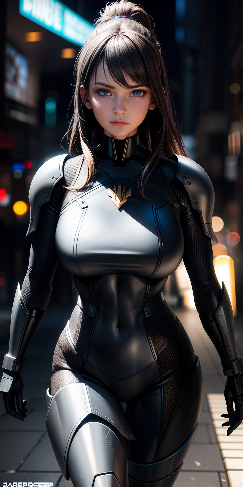 Majestic, 25 yo girl, stealth armour dress, large breasts:1.3, Cyberprep, amigurumi, portrait, realistic face, beautiful face, beautiful eyes, photorealistic face, Zbrush rendering, motion blur, interactive, clean colors, Dreamcore, flashlight lighting, realistic dramatic lighting, highly detailed environment, cinematic quality, Redshift rendering, 4k, strong gaze, walking towards the camera:1.3, wide shoulders1:2, feminine, muscular:1.3