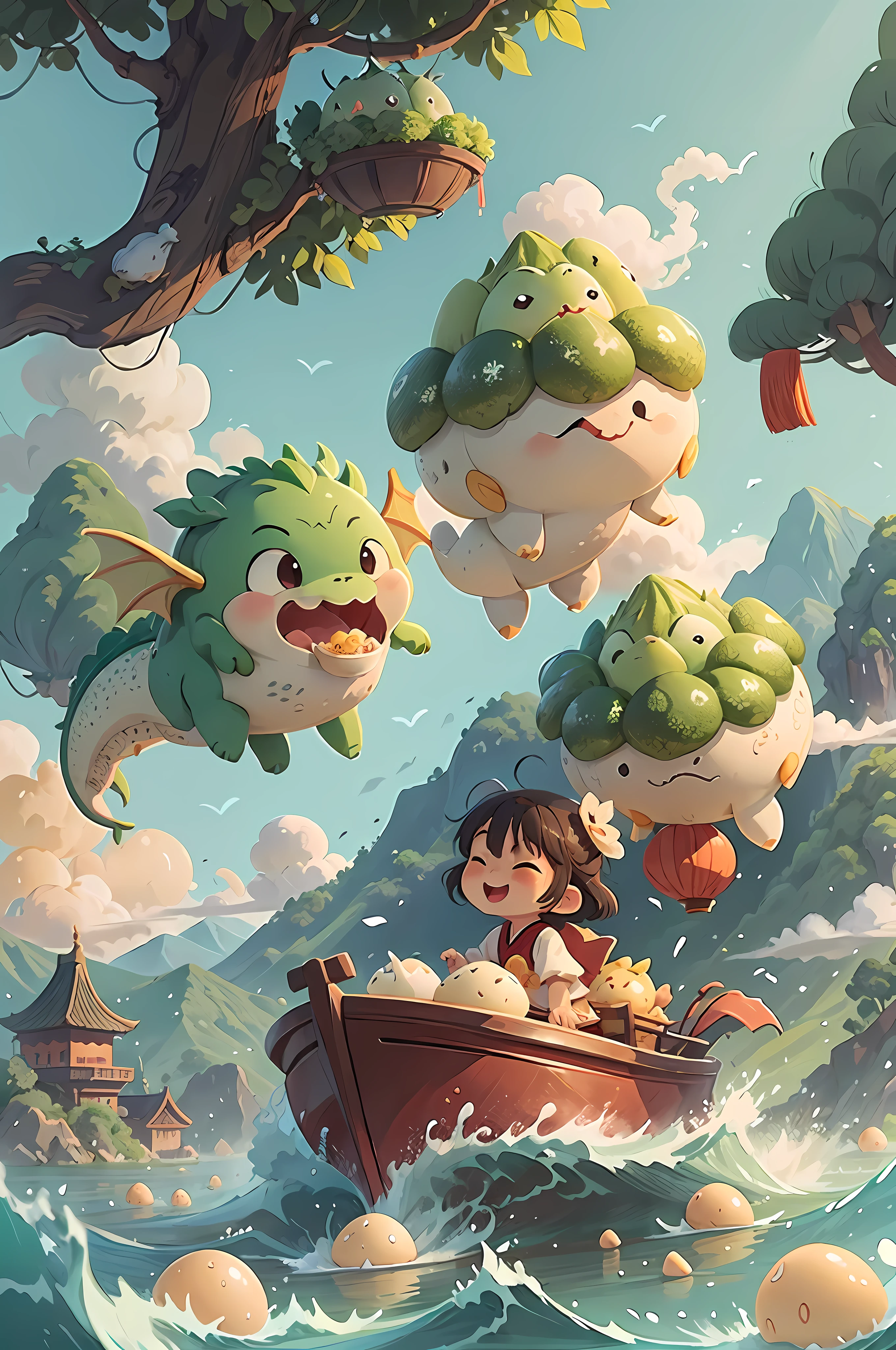 Cute Chinese dragon in the clouds, revealing the dragon's head, rice dumpling leaves on the river rolling cut salted duck eggs and rice dumplings, small boats made of rice dumpling leaves, rolling on the waves, a girl laughing happily on the boat, pastries floating on the river, cut salted duck eggs, cute dragon heads in the waves look thrilling, flying rice dumpling leaves, the background is stretching green mountains, close-up view has oversized rice dumplings on the river, illustration, high quality, anime, anime style, anime