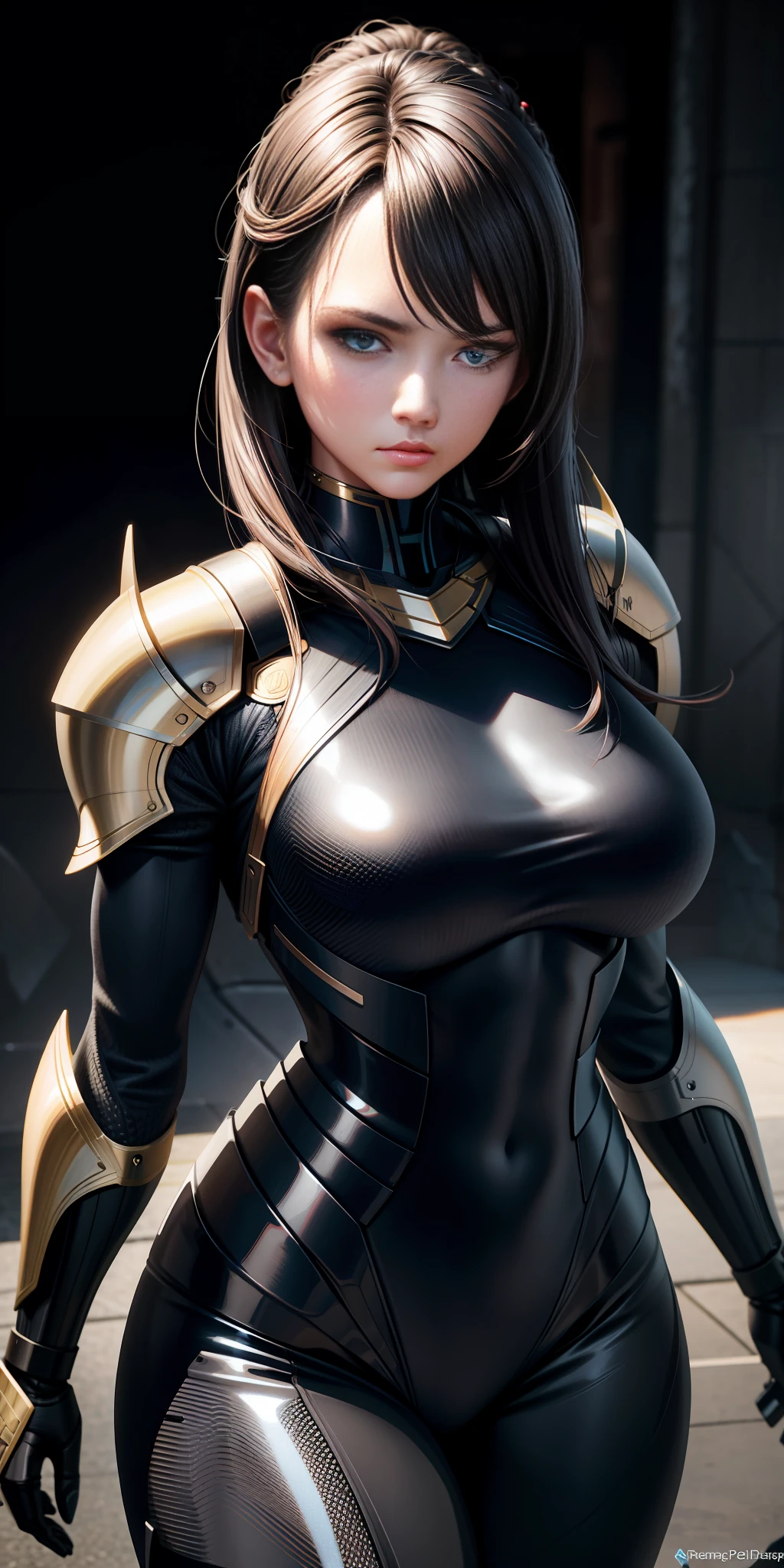 Majestic, 25 yo girl, stealth armour dress, large breasts:1.3, Cyberprep, amigurumi, portrait, realistic face, beautiful face, beautiful eyes, photorealistic face, Zbrush rendering, motion blur, interactive, clean colors, Dreamcore, flashlight lighting, realistic dramatic lighting, highly detailed environment, cinematic quality, Redshift rendering, 4k, strong gaze, walking towards the camera:1.3, wide shoulders1:2, feminine, muscular:1.3