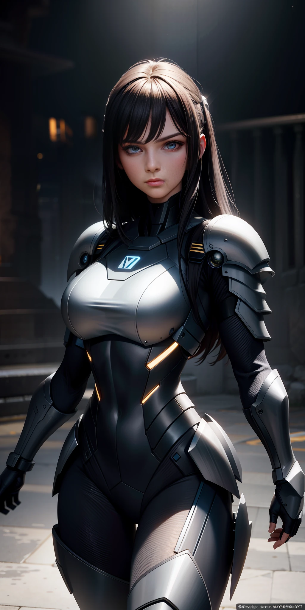 Majestic, 25 yo girl, stealth armour dress, large breasts:1.3, Cyberprep, amigurumi, portrait, realistic face, beautiful face, beautiful eyes, photorealistic face, Zbrush rendering, motion blur, interactive, clean colors, Dreamcore, flashlight lighting, realistic dramatic lighting, highly detailed environment, cinematic quality, Redshift rendering, 4k, strong gaze, walking towards the camera:1.3, wide shoulders1:2, feminine, muscular:1.3