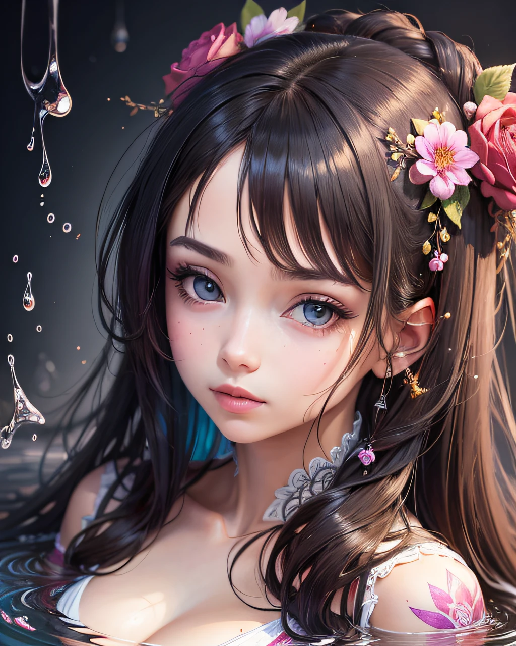 ((best quality)), ((masterpiece)), (detailed), 1girl, blank ink flow, colorful droplet background