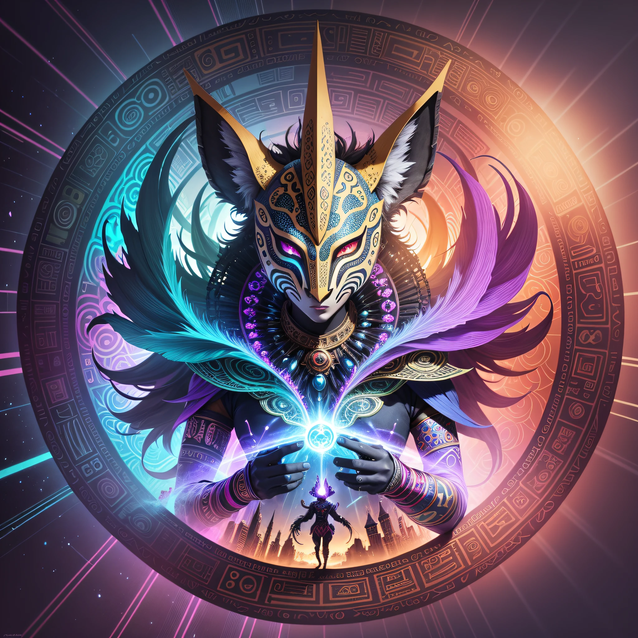 Create an otherworldly mixed media masterpiece, featuring a mystical creature emerging from a portal in the sky. The creature's appearance should be inspired by traditional African masks and Maasai graphic art, blending vivid colors and ornamental designs. The background should feature modern geometric shapes, with a futuristic twist. Employ technologically advanced techniques such as holographic foil and LED lights, to create a work that truly feels like it came from another dimension. --auto --s2