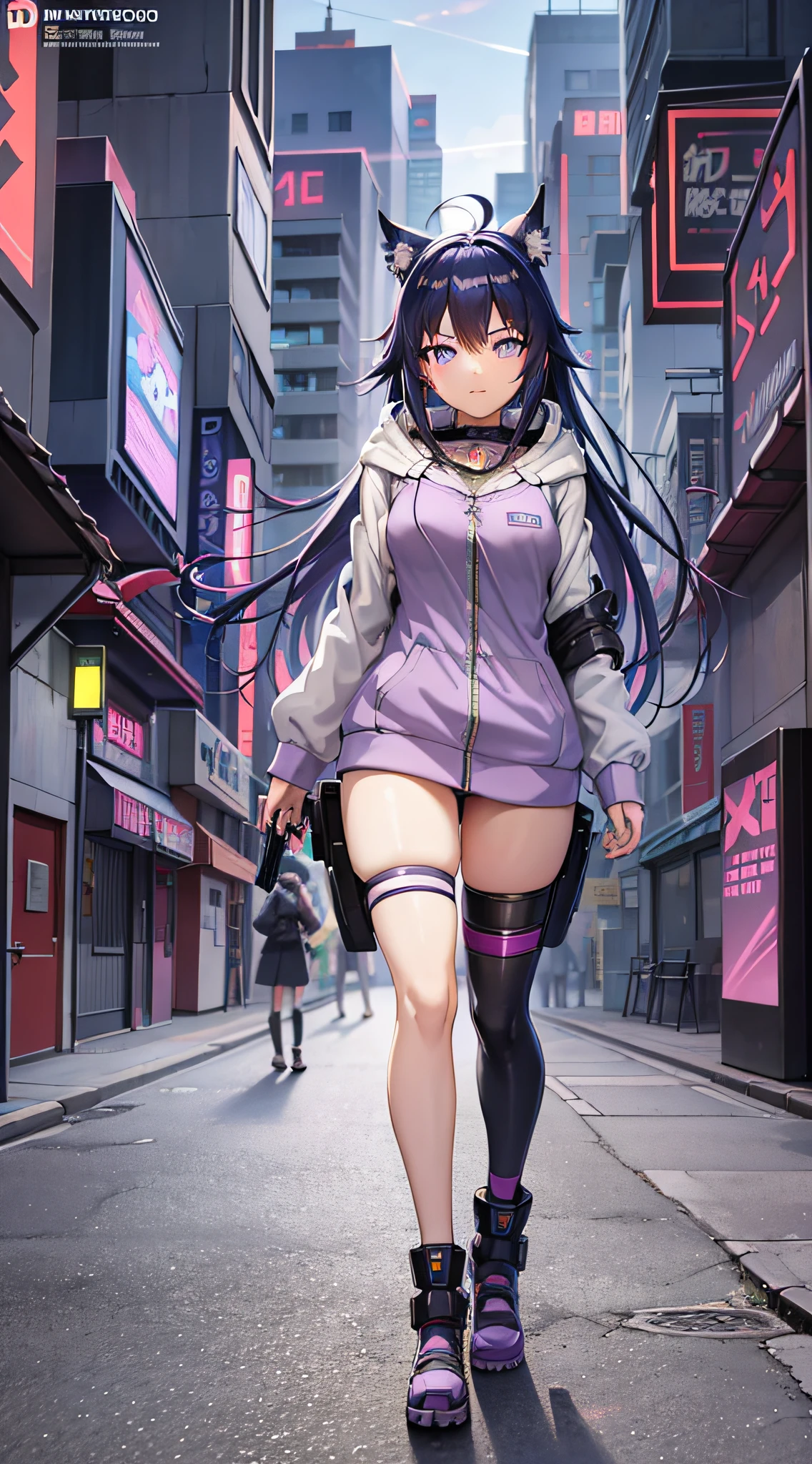 anime girl in a purple hoodie walking down a city street, cyberpunk anime girl in hoodie, digital cyberpunk anime art, digital anime illustration, digital cyberpunk - anime art, anime style 4 k, cyberpunk anime girl, anime cyberpunk art, anime art wallpaper 8 k, cyberpunk art style, digital anime art, detailed digital anime art, anime style. 8k