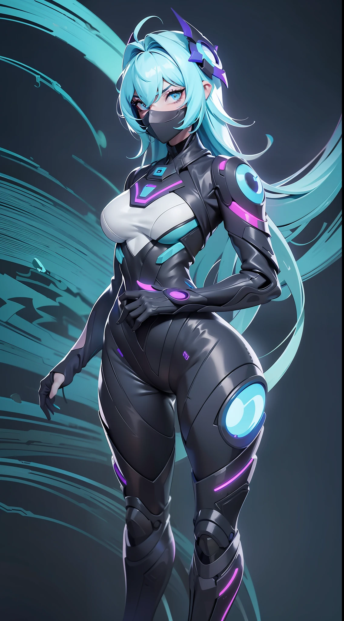 full body picture Unreal Engine 5 8K UHD of a beautiful adult girl, long cyan hair, wearing futuristic black tight battle suit, futuristic half face mask, cyan light details, hugging a beautiful adult girl, short white hair, wearing futuristic black tight battle suit, futuristic tight mask, futuristic neck collar, purple light details, evil face, best quality, masterpiece