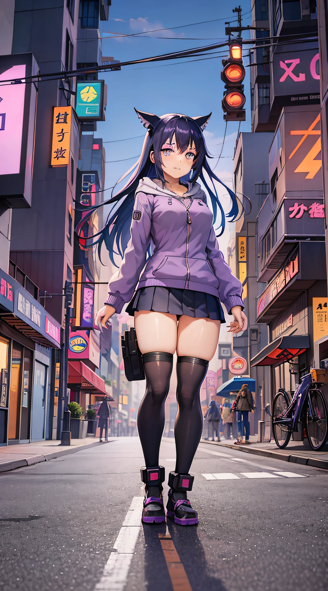 anime girl in a purple hoodie walking down a city street, cyberpunk anime girl in hoodie, digital cyberpunk anime art, digital anime illustration, digital cyberpunk - anime art, anime style 4 k, cyberpunk anime girl, anime cyberpunk art, anime art wallpaper 8 k, cyberpunk art style, digital anime art, detailed digital anime art, anime style. 8k