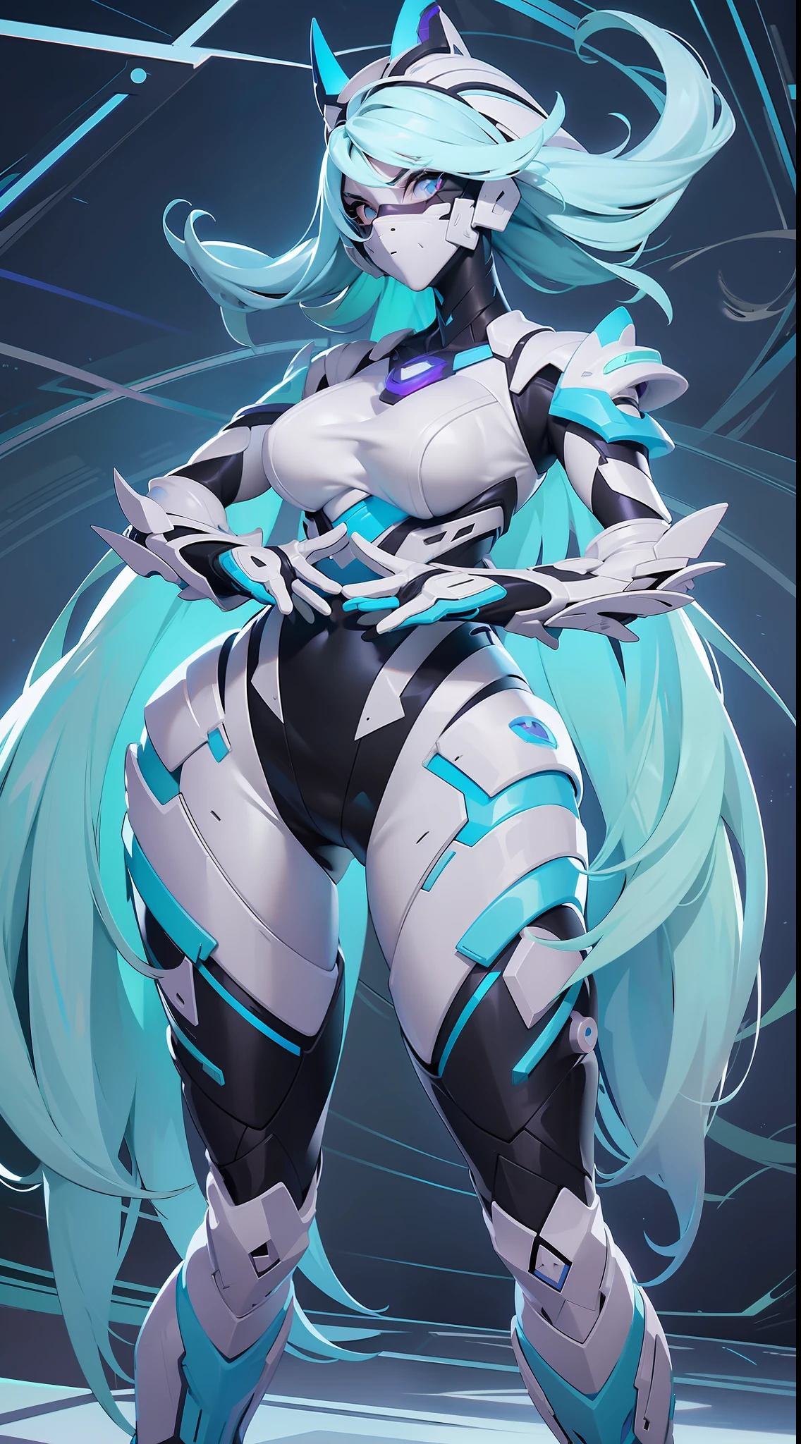 full body picture Unreal Engine 5 8K UHD of a beautiful adult girl, long cyan hair, wearing futuristic black tight battle suit, futuristic half face mask, cyan light details, hugging a beautiful adult girl, short white hair, wearing futuristic black tight battle suit, futuristic tight mask, futuristic neck collar, purple light details, evil face, best quality, masterpiece