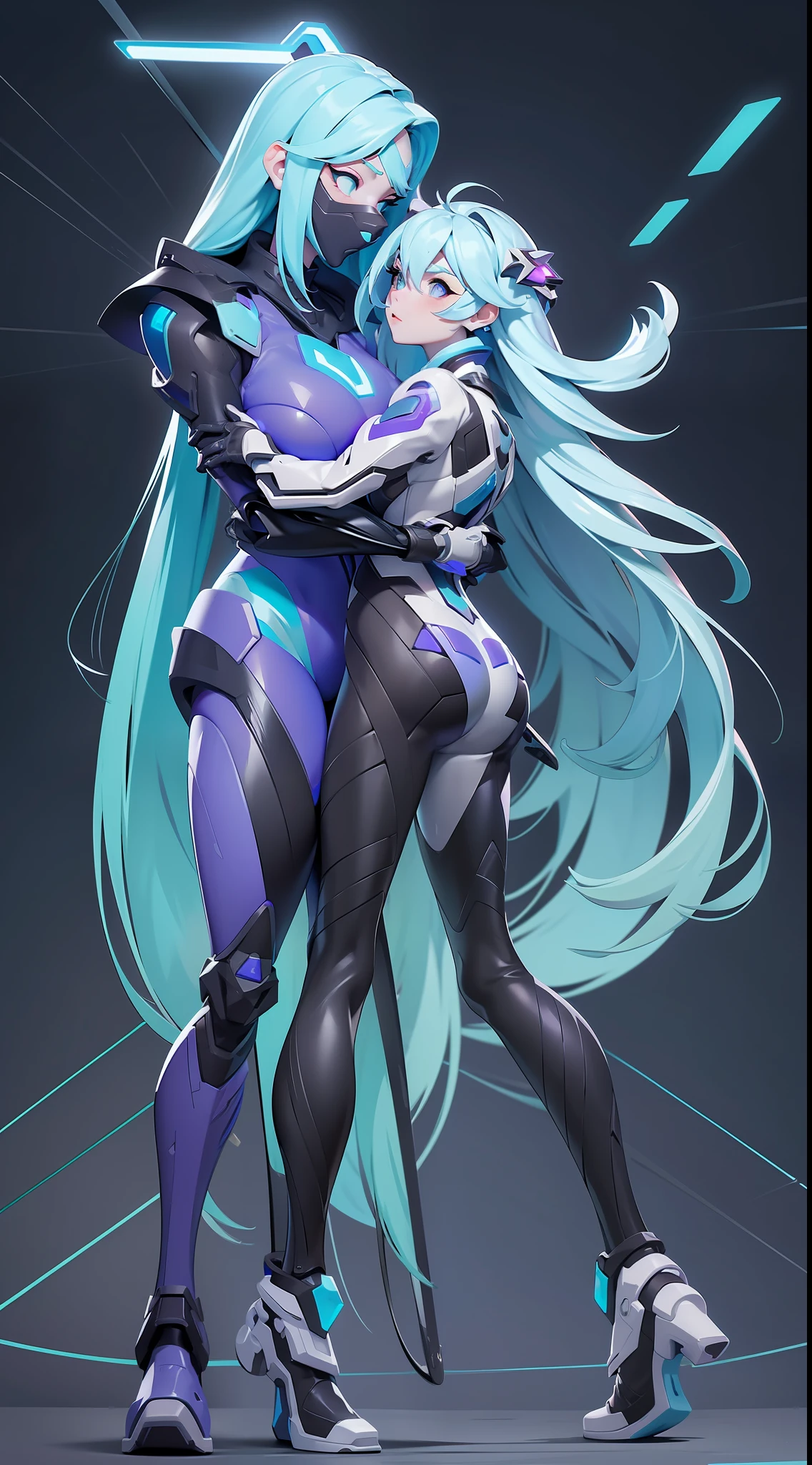 full body picture Unreal Engine 5 8K UHD of a beautiful adult girl, long cyan hair, wearing futuristic black tight battle suit, futuristic half face mask, cyan light details, hugging a beautiful adult girl, short white hair, wearing futuristic black tight battle suit, futuristic tight mask, futuristic neck collar, purple light details, evil face, best quality, masterpiece