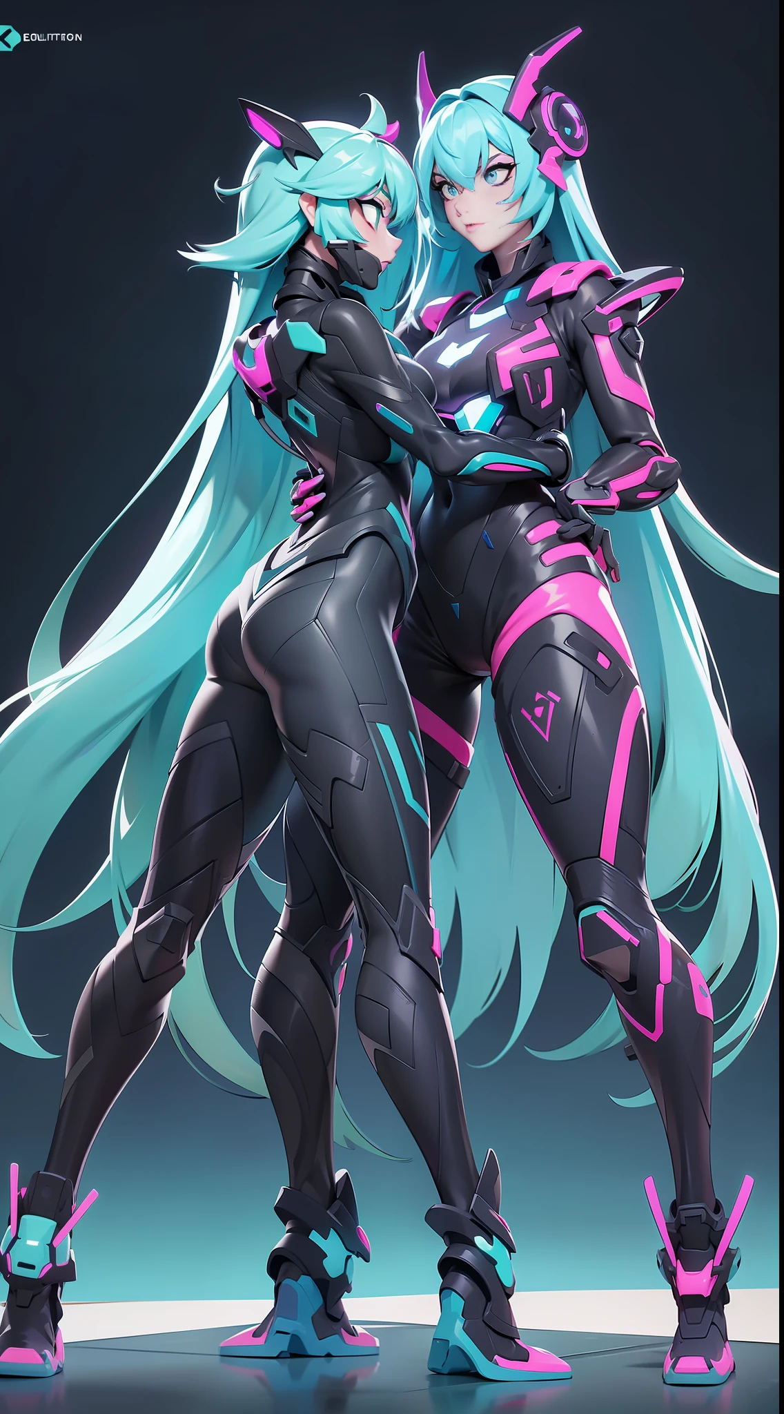 full body picture Unreal Engine 5 8K UHD of a beautiful adult girl, long cyan hair, wearing futuristic black tight battle suit, futuristic half face mask, cyan light details, hugging a beautiful adult girl, short white hair, wearing futuristic black tight battle suit, futuristic tight mask, futuristic neck collar, purple light details, evil face, best quality, masterpiece