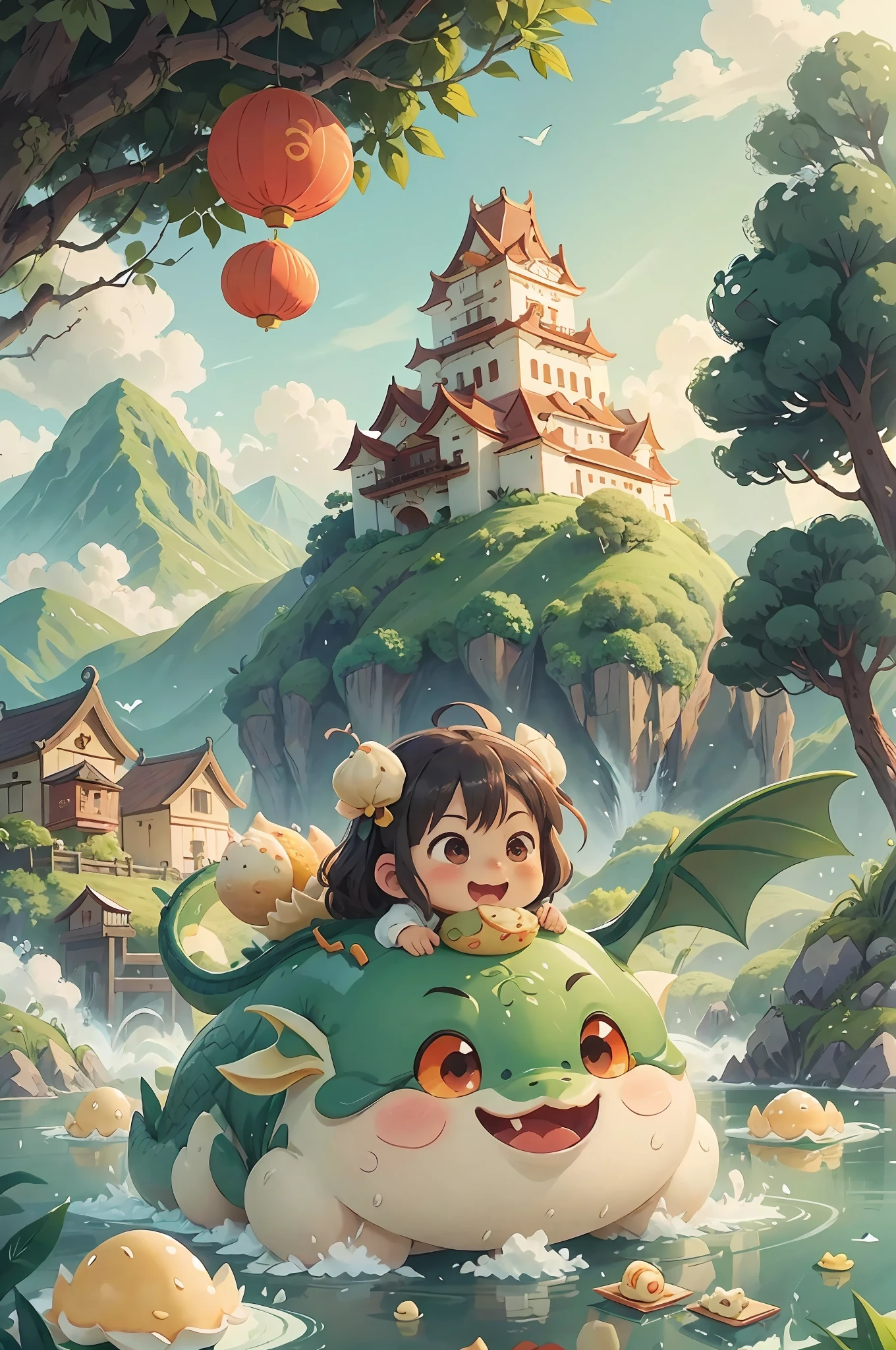 Cute Chinese dragon in the clouds, revealing the dragon's head, rice dumpling leaves on the river rolling cut salted duck eggs and rice dumplings, small boats made of rice dumpling leaves, rolling on the waves, a girl laughing happily on the boat, pastries floating on the river, cut salted duck eggs, cute dragon heads in the waves look thrilling, flying rice dumpling leaves, the background is stretching green mountains, close-up view has oversized rice dumplings on the river, illustration, high quality, anime, anime style, anime
