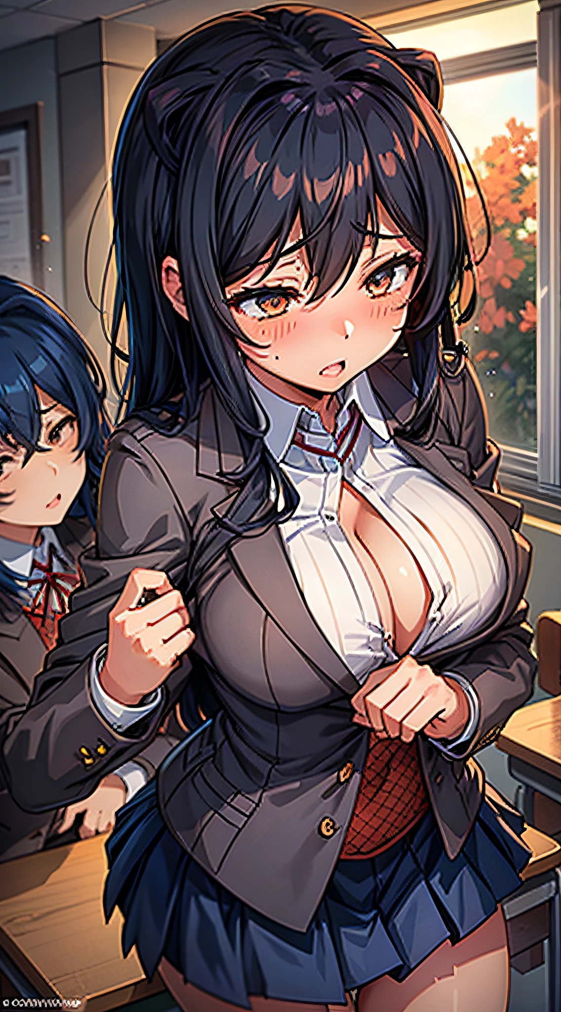 Two women having fun in the classroom, lewd: 1,2, hentai: 1,2, NSFW: 1,2, lesbian micah: 1,2, skirt flipping up grabbing ass, kissing, blushing, unbuttoned uniform, pleated skirt, anatomically correct