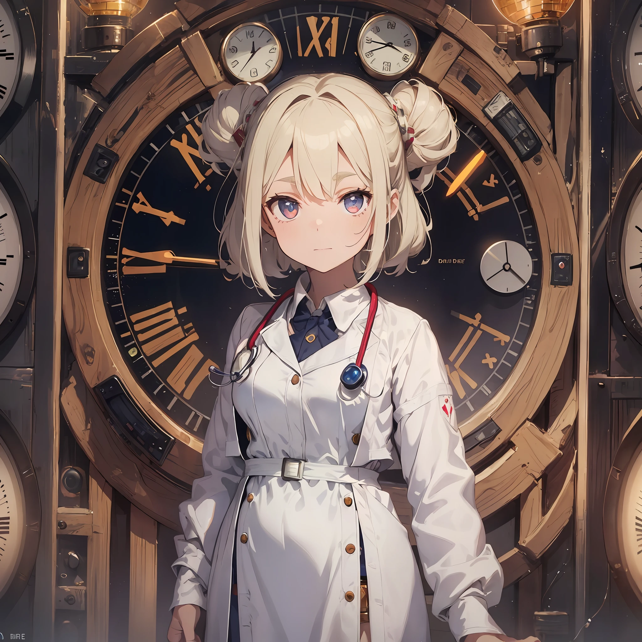 (Nixie tube clock in hand:1.1), ((doctor's) white gown:1.4), Nixie tube clock with shiny numbers, cinematic lighting, oversized doctor coat, rabbit ears, thick eyebrows, eye sun, small, pigtails, beautiful blonde, braid, (masterpiece), ((highest quality)), (super detailed), full body anime girl, Clean and detailed face, beautiful eyes with high resolution, five fingers, textile shading, perfect human structure, perfect anatomy,
