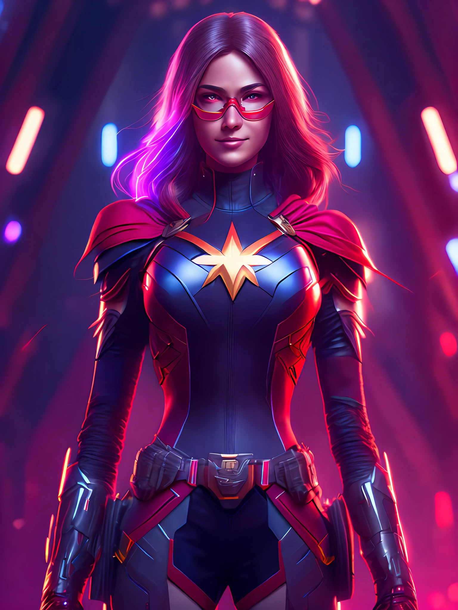 Portrait, Ms. Marvel from Marvel, biomechanical, complex robot, full growth, hyper-realistic, insane fine details, extremely clean lines, cyberpunk aesthetic, masterpiece featured on Zbrush Central, gothic brutalist cathedral, cyberpunk, award-winning photo, bokeh, neon lights, cybernetic limb