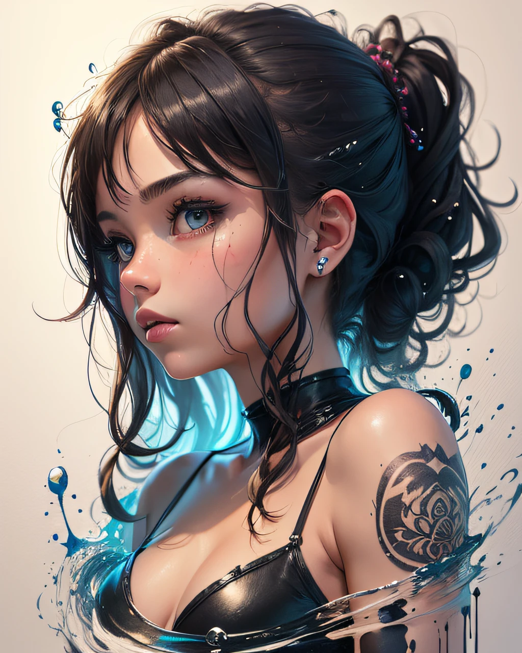 ((best quality)), ((masterpiece)), (detailed), 1girl, black ink flow, splash ink background, upper body shot