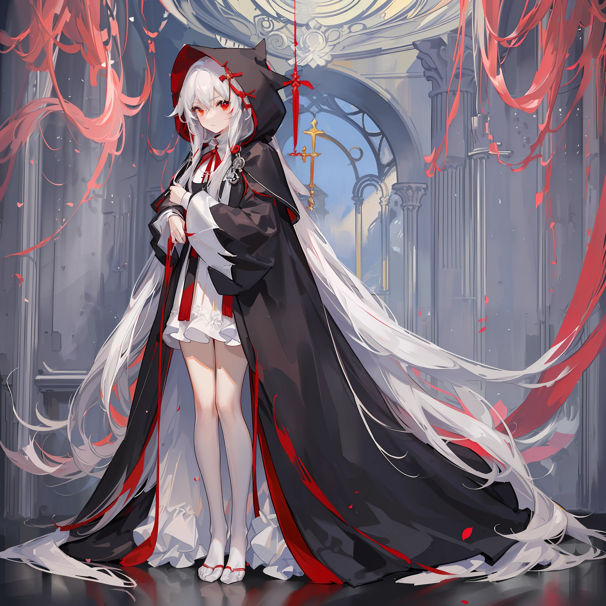 Maiden, white stockings, round red thread striped road black robe, hood, cape, red eyes, long white hair, faint smile, standing posture, full body, mage, holy girl