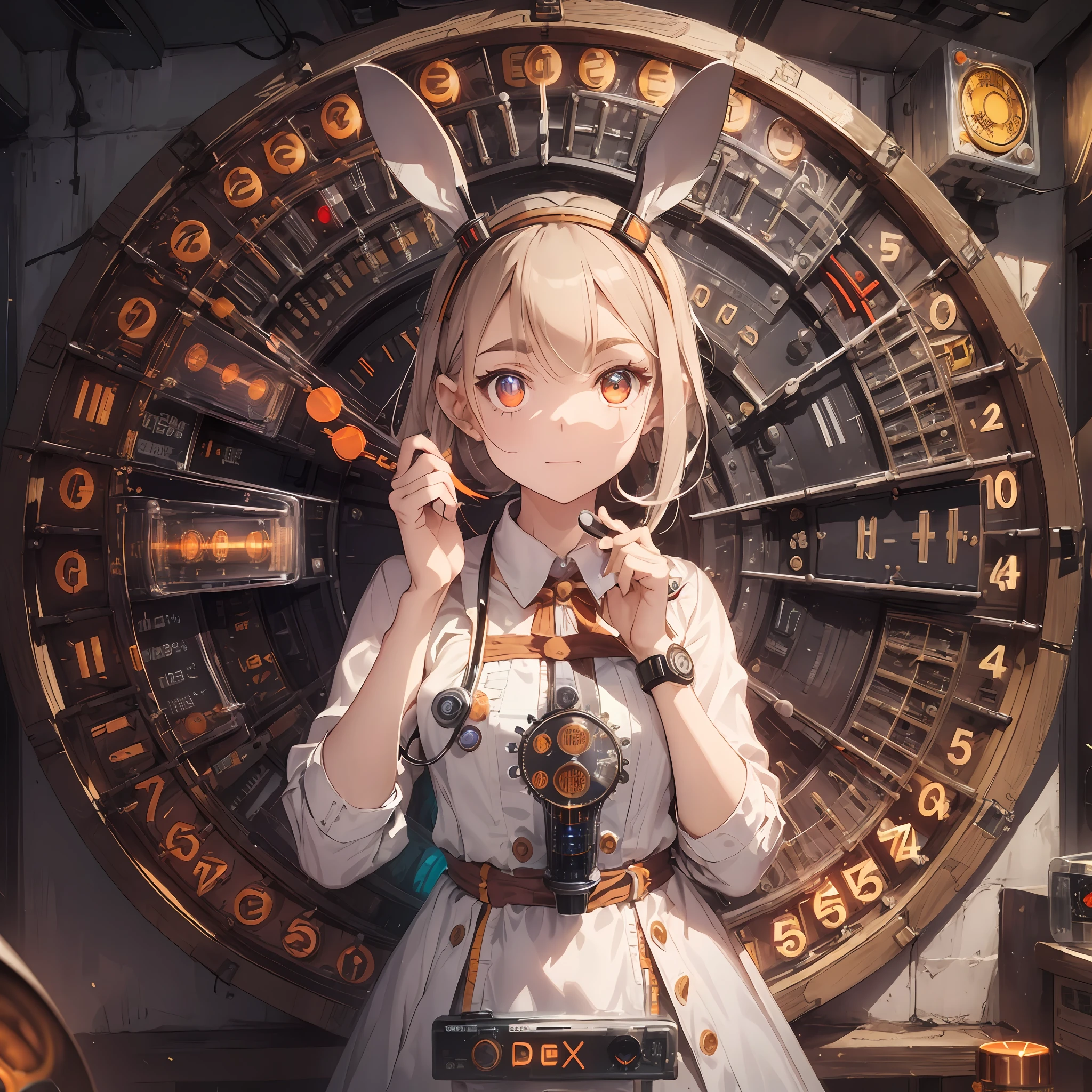 (Nixie tube clock:1.4), ((doctor's) white gown:1.2), holding a nixie tube clock in her hand, cinematic lighting, oversized doctor coat, rabbit ears, thick eyebrows, eye sun, small, pigtails, beautiful blonde, braid, (masterpiece), ((best quality)), (super detailed), full body anime girl, clean and detailed face, High resolution and beautiful eyes, five fingers, textile shading, perfect human structure, perfect anatomy,