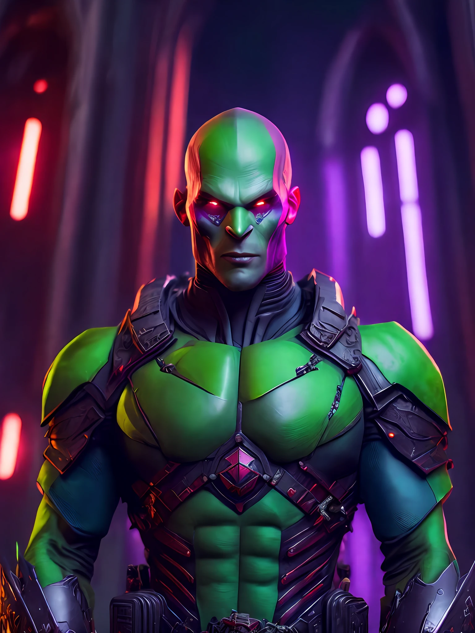 Portrait, Drax the Destroyer from Marvel, biomechanical, complex robot, full growth, hyperrealistic, insane small details, extremely clean lines, cyberpunk aesthetic, masterpiece featured at Zbrush Central, gothic brutalist cathedral, cyberpunk, award-winning photo, bokeh, neon lights, cybernetic limb