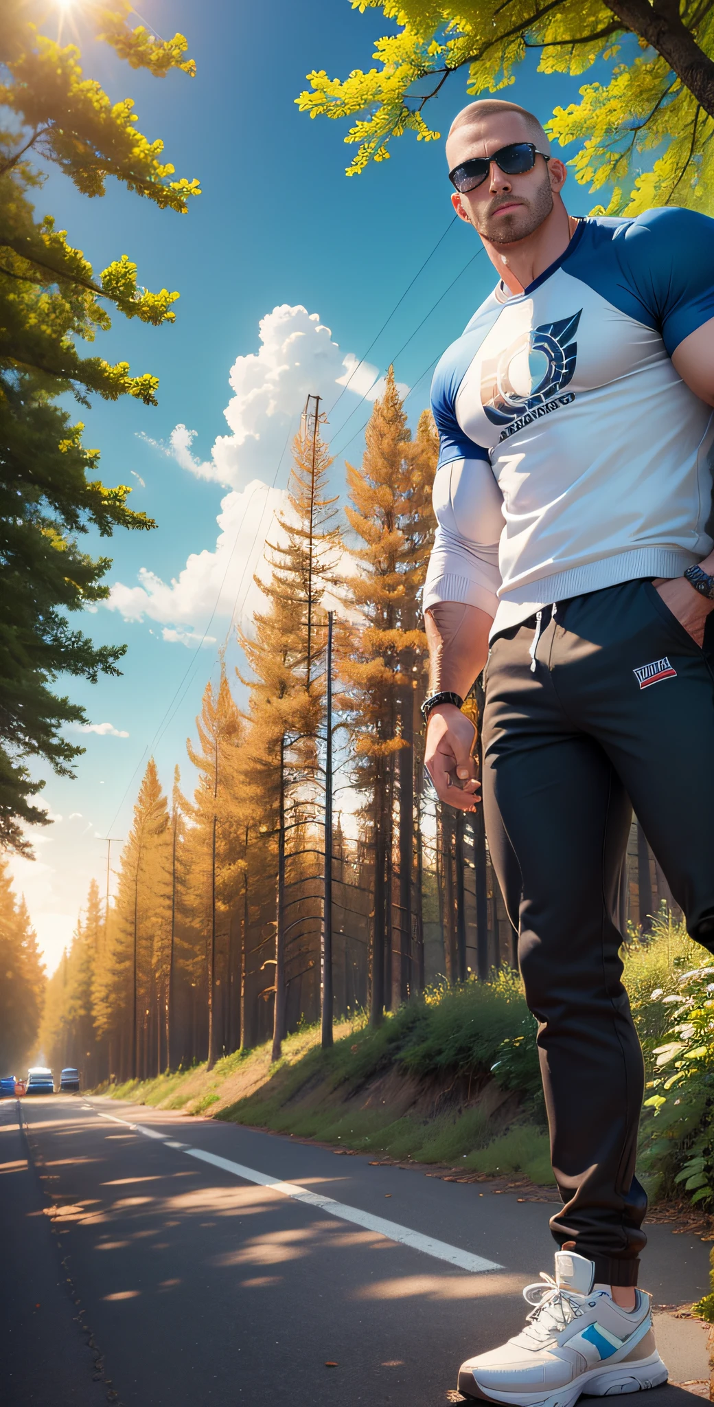 Man standing in the middle of the sunny highway in an off-white sweatshirt, American round inch head, Buzz Cut inch head, national character face, tall and burly, muscle male hero, heroic male posture, muscular! Wearing sunglasses, SKINS brand sports sweatshirt, super gain and cool, high resolution committee, character design: morning runner, sneakers, attractive strong man, sun shining through the woods, looking up