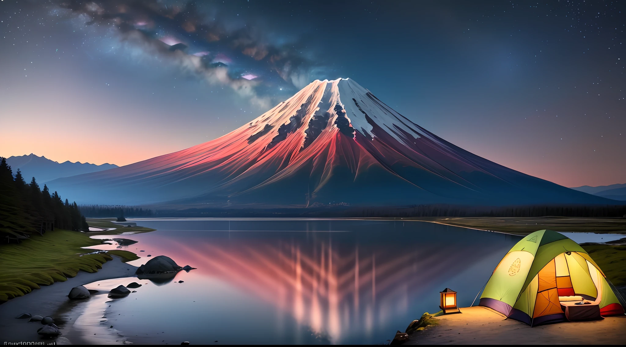 RAW photos of landscapes、small details、photorealistic、super realistic photo、8k UHD、Dslr、Illuminated by soft、HighQuality、Film grain、Fujifilm XT3、(A Masterpiece)、Campsites at the foot of Mt. One Mt. Fuji、NIGHT、Lots of colorful tents with lights on、 Starry Sky