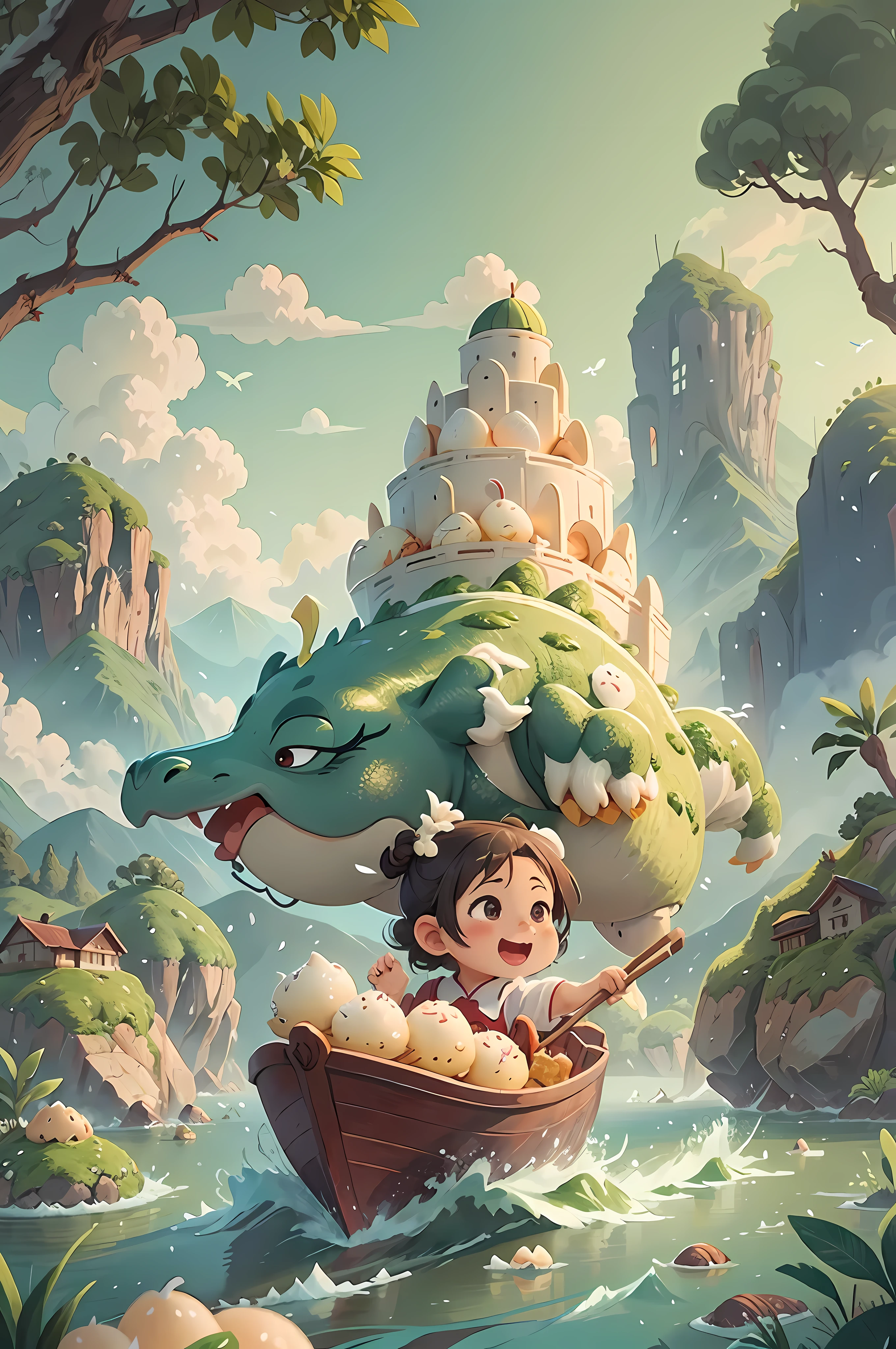 Cute Chinese dragon in the clouds, revealing the dragon's head, rice dumpling leaves on the river rolling cut salted duck eggs and rice dumplings, small boats made of rice dumpling leaves, rolling on the waves, a girl laughing happily on the boat, pastries floating on the river, cut salted duck eggs, cute dragon heads in the waves look thrilling, flying rice dumpling leaves, the background is stretching green mountains, close-up view has oversized rice dumplings on the river, illustration, high quality, anime, anime style, anime