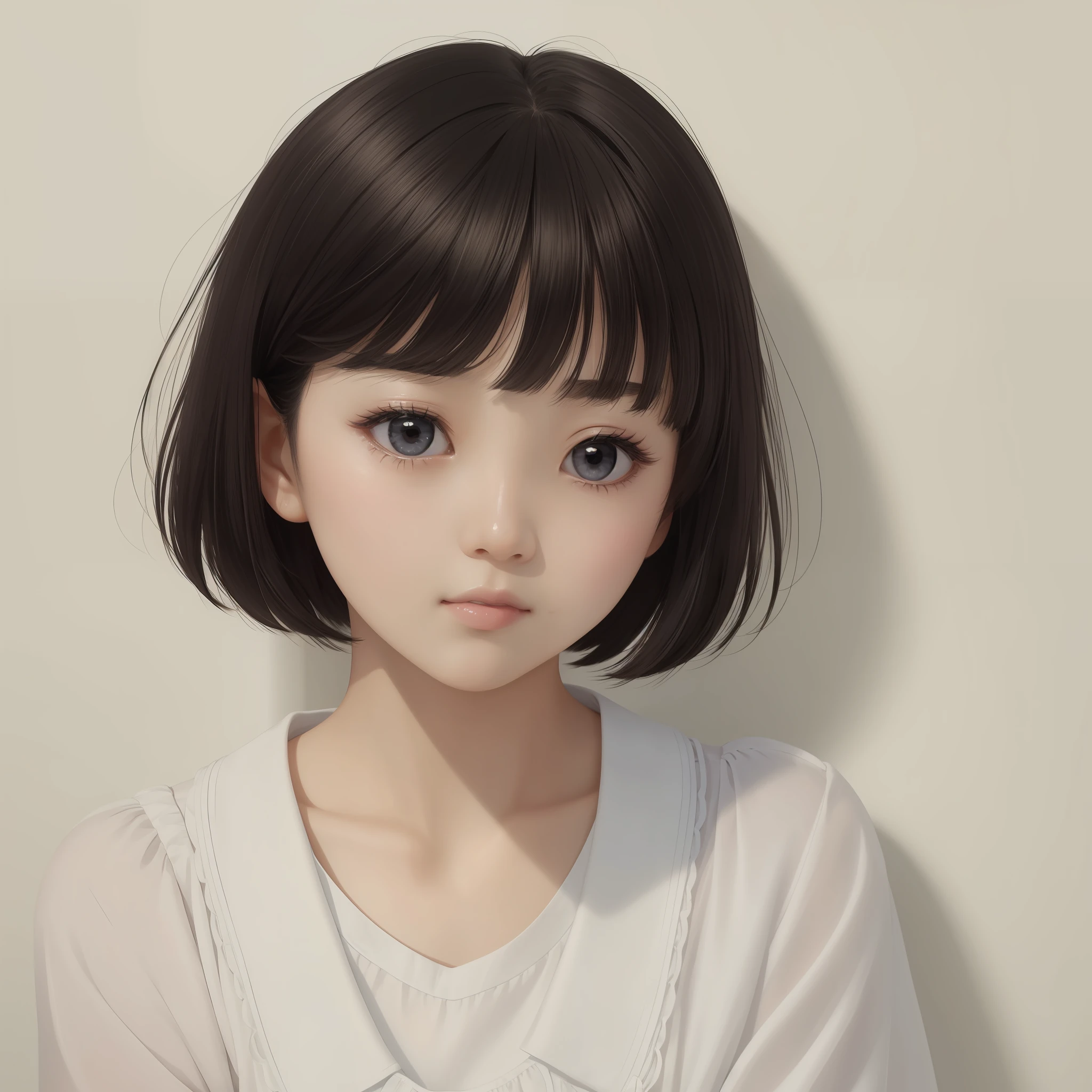 Close up portrait of woman with short hair and white shirt, mini skirt, beautiful delicate face, she has black hair with bangs, Japan person, round cheeks, young cute one asian face, Kwak Ji-young, very beautiful face,  --auto --s2