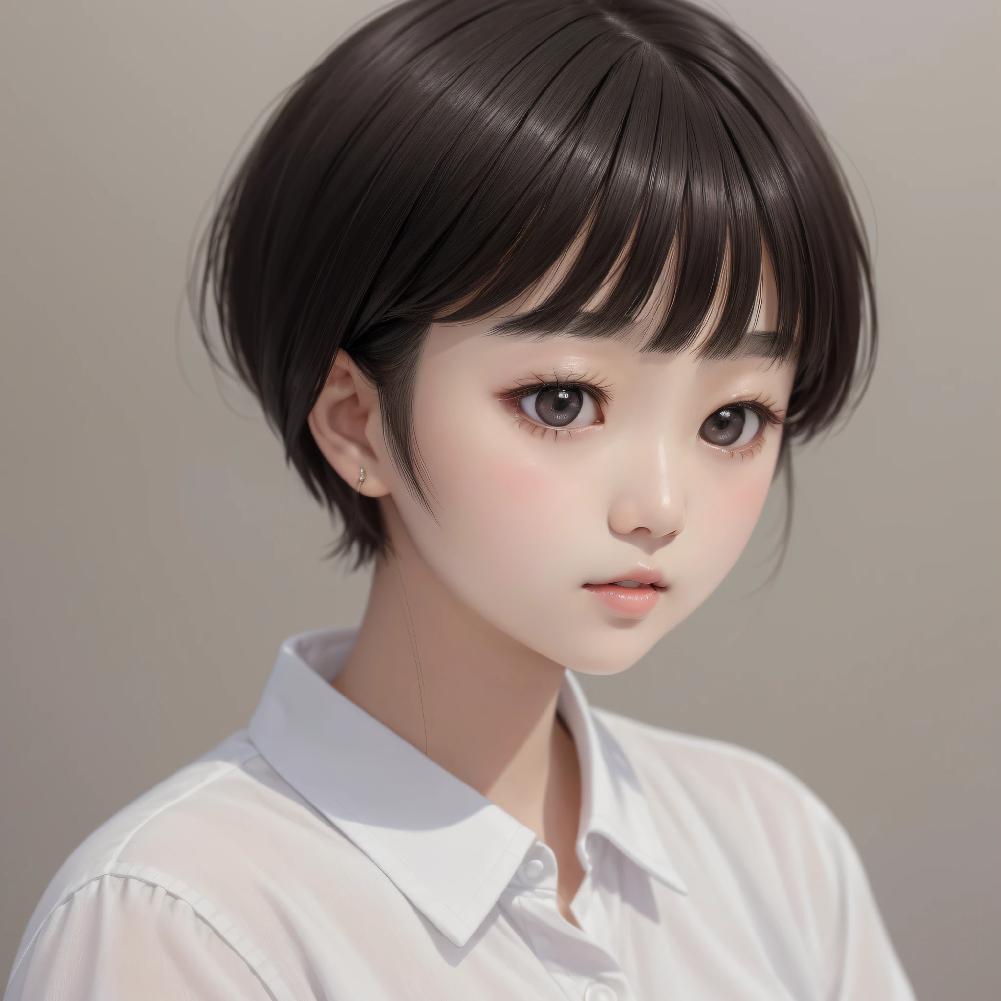 Close up portrait of woman with short hair and white shirt, mini skirt, beautiful delicate face, she has black hair with bangs, Japan person, round cheeks, young cute one asian face, Kwak Ji-young, very beautiful face,  --auto --s2