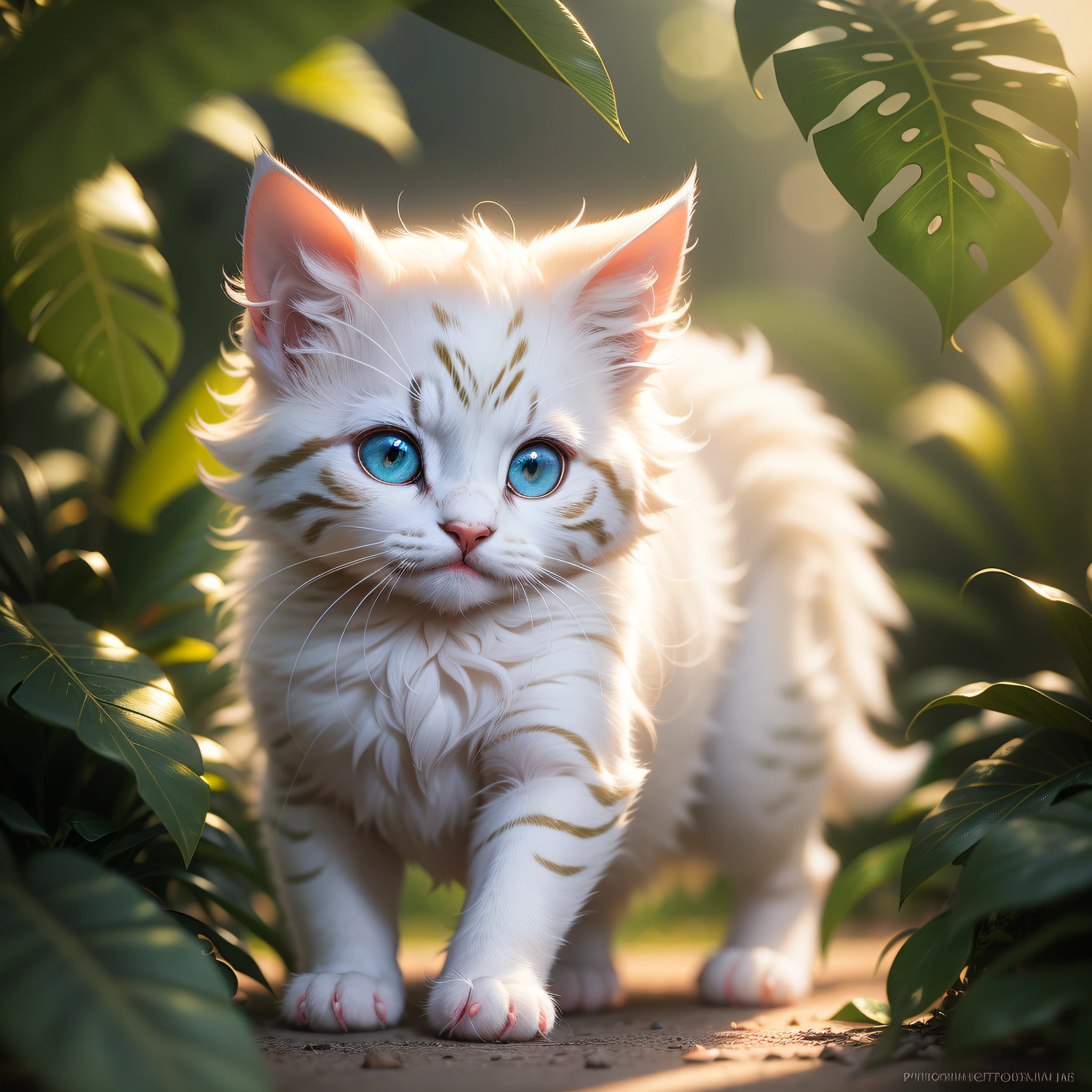 Very cute fluffy white tropical punk kitten, professional lighting, depth of field 8k, golden magic hour, professional photography, octane rendering, ultra realistic - amazing sunlight, dynamic composition, photography, sharp focus, bokeh --auto --s2