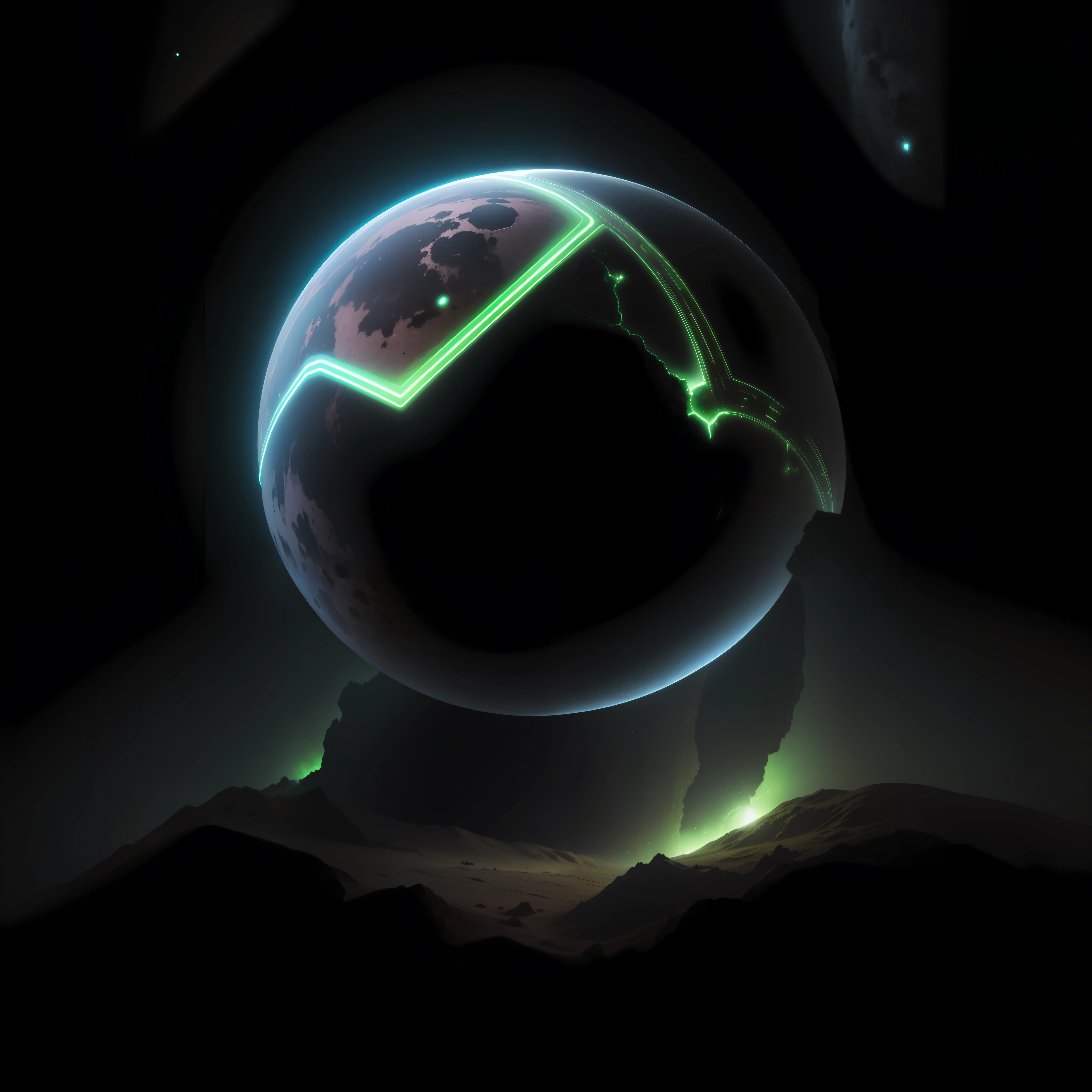 scene of a spaceship crash site, the space ship has neon green lights, pink hearts floating in the sky, lunar eclipse in the sky