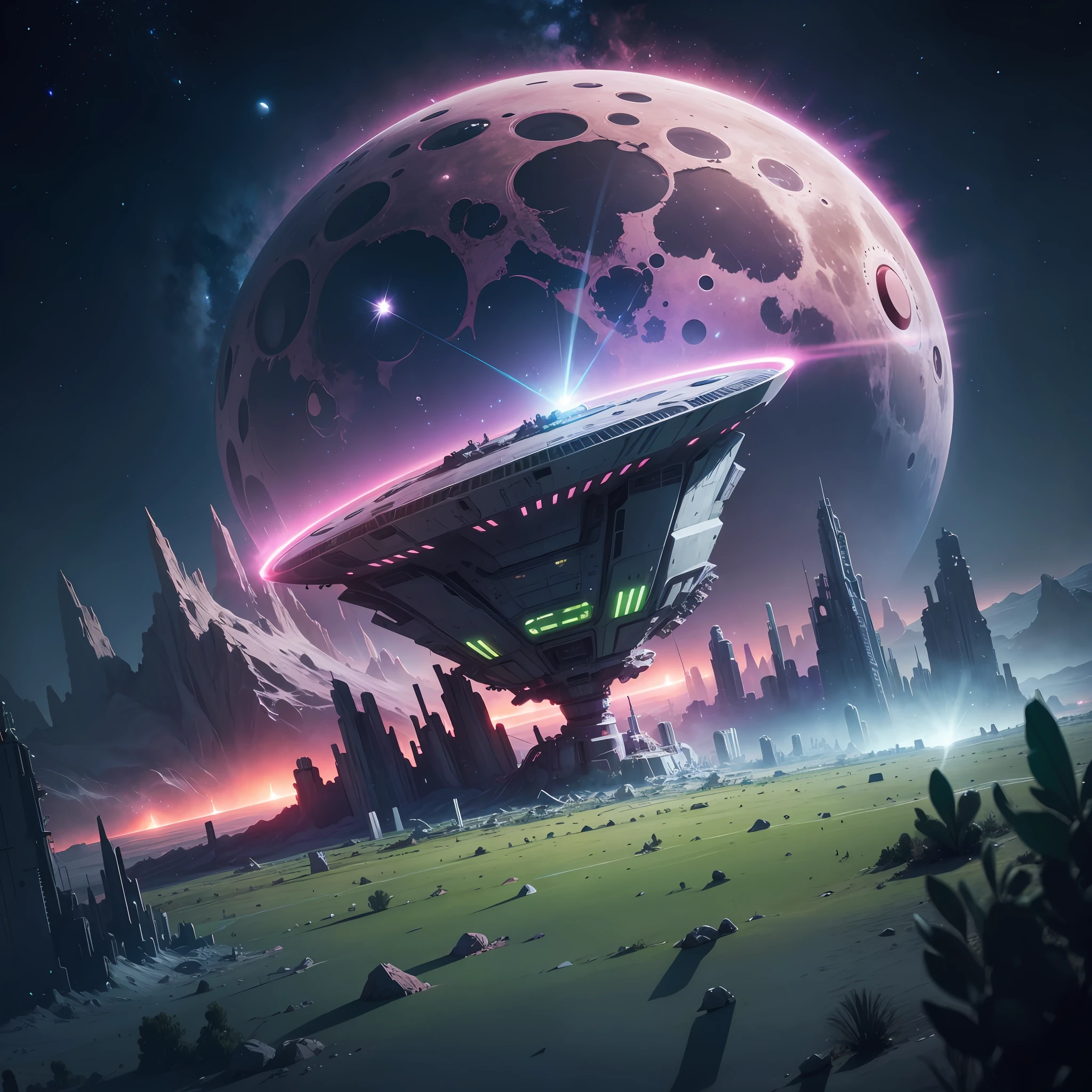 scene of a spaceship crash site, the space ship has neon green lights, pink hearts floating in the sky, lunar eclipse in the sky