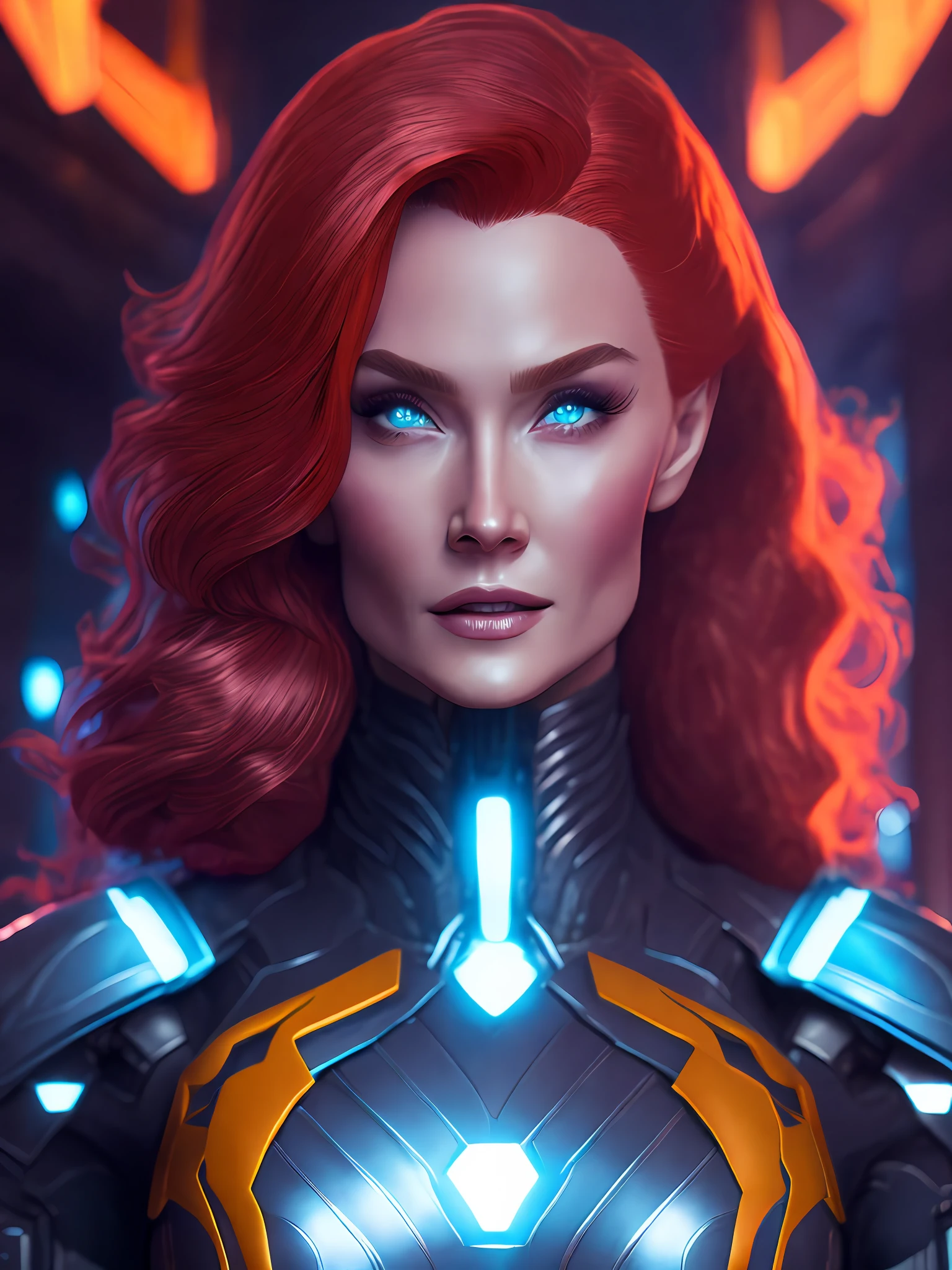 Portrait, Jean Grey X-men from Marvel from DC, biomechanical, complex robot, full growth, hyperrealistic, insane small details, extremely sharp lines, cyberpunk aesthetic, masterpiece unveiled at Zbrush Central, gothic brutalist cathedral, cyberpunk, award-winning photo, bokeh, neon lights, cybernetic limb