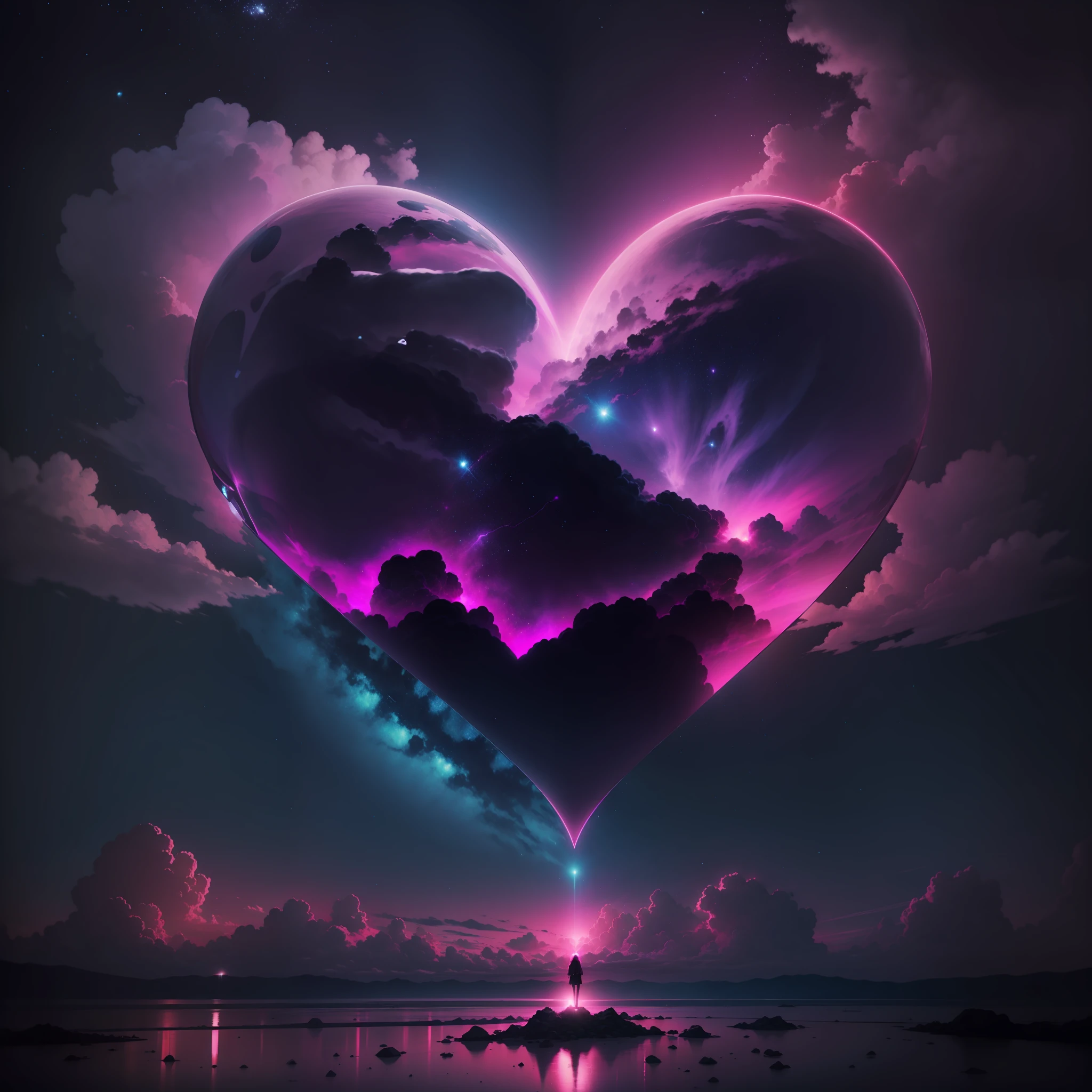 pink neon broken hearts in night sky