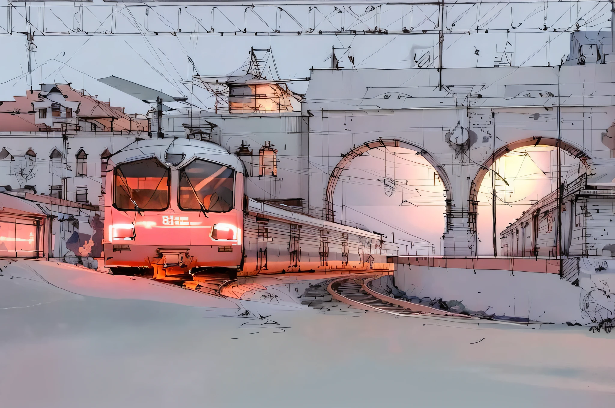 sketch, sketch, pen_sketch_style, red electric train, the photo shows the station, the building, beautiful high resolution, the exterior of a huge beautiful station, platforms, trains