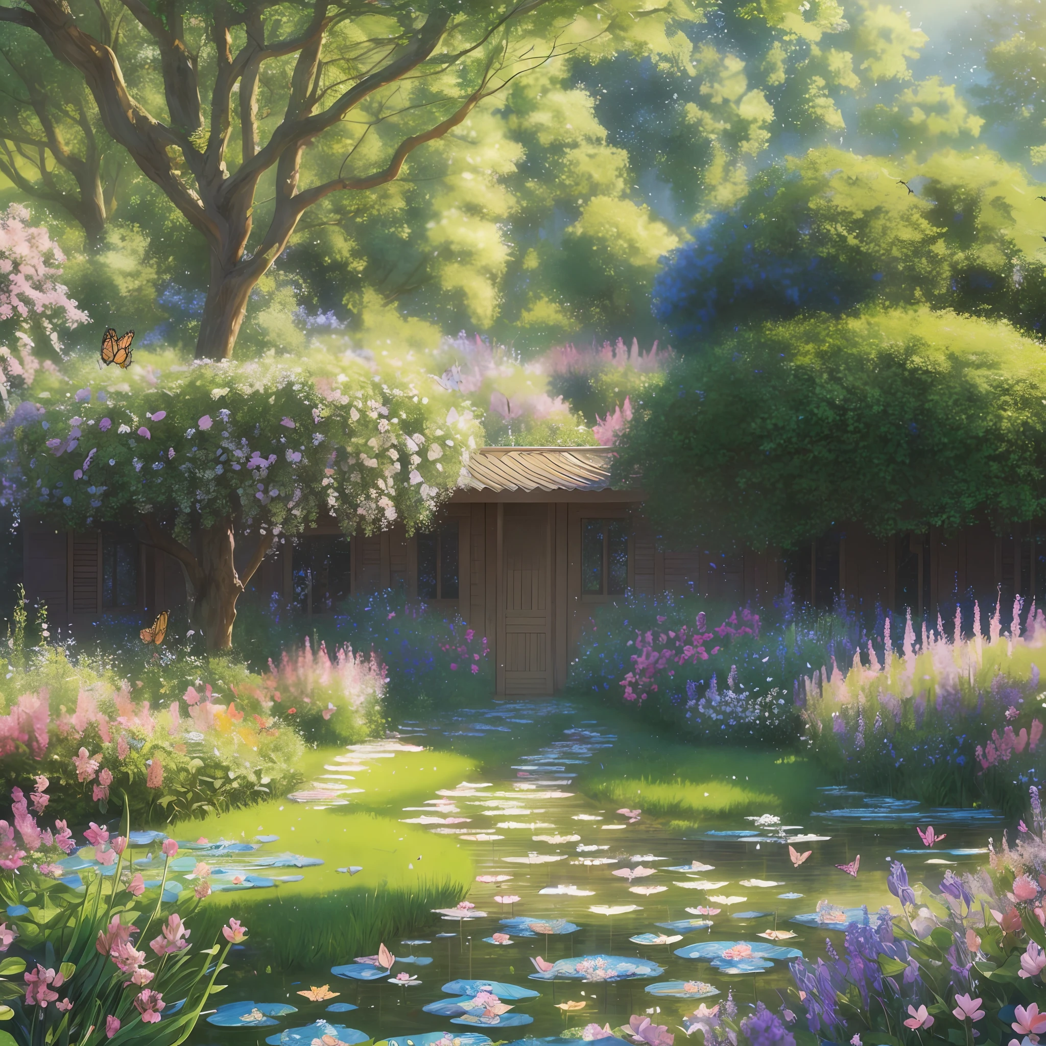 ((best quality)), ((masterpiece)), (detailed), (realistic),(official art),(extremely detailed CG unity 8k wallpaper), butterflies in a blooming flower garden, (Monet inspired), (nature's symphony), (pastel color palette), delicate wings, (ethereal beauty), fluttering motion, (macro photography), soft sunlight filtering through trees, (impressionistic style), mesmerizing patterns, (graceful dance), vibrant blossoms, (tranquil atmosphere), intricate details, (butterfly sanctuary), (peaceful harmony), 8k resolution