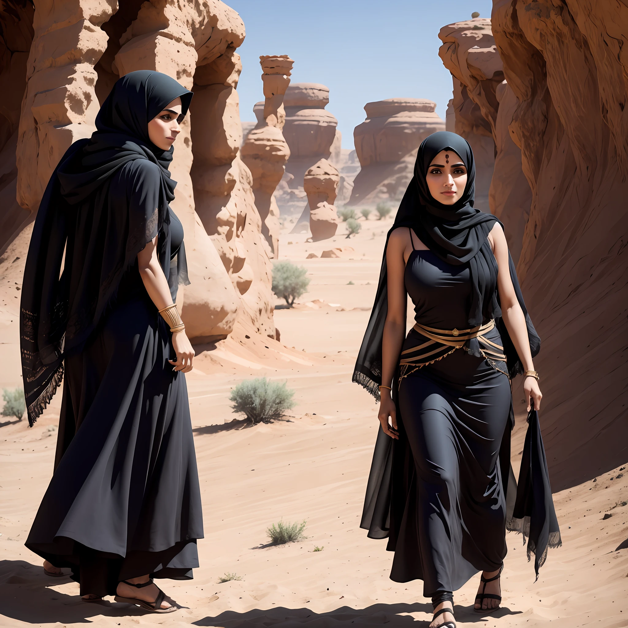 An Arab woman dressed in black gauze and a scarf walks in the desert