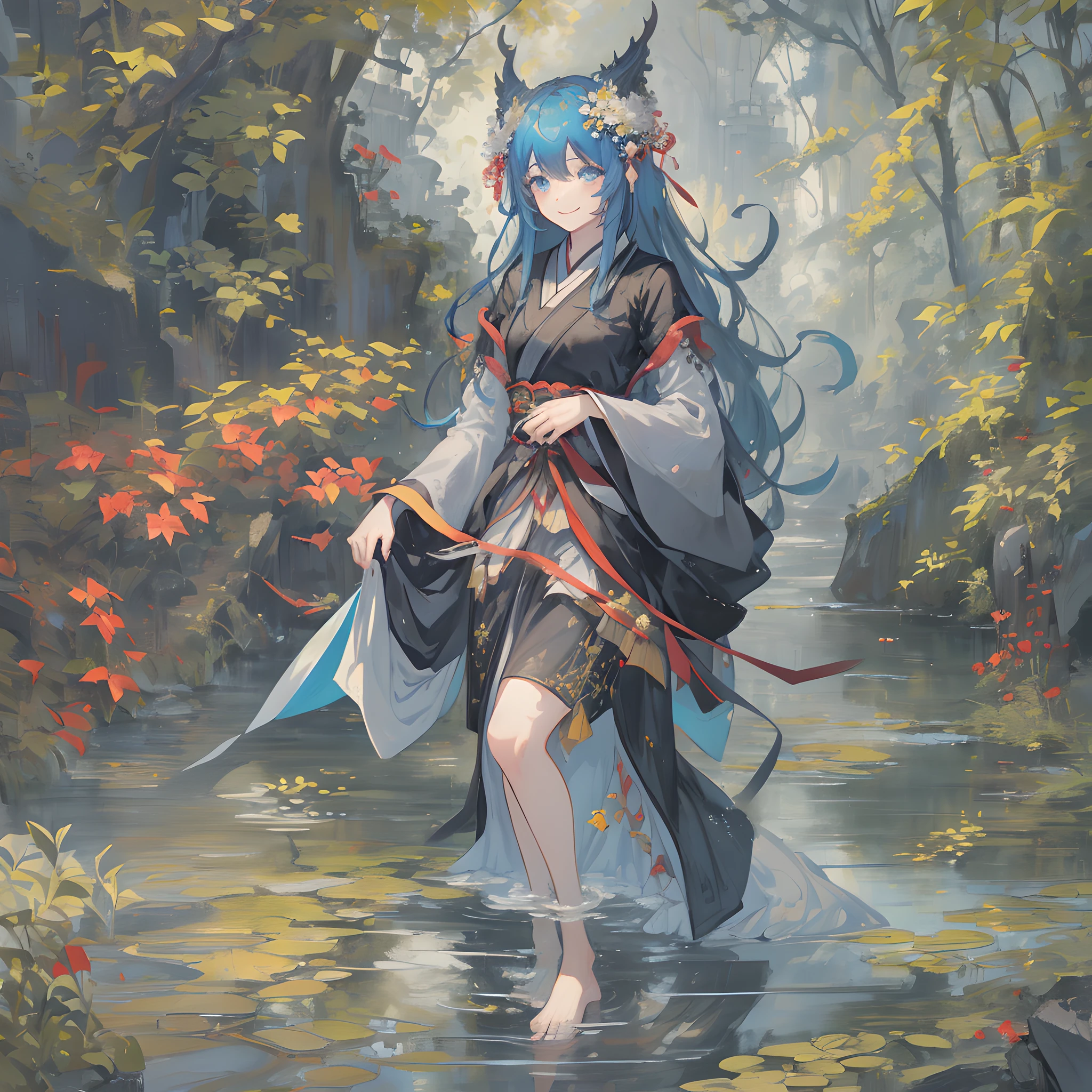 ((4k,masterpiece,best quality)), shuimobysim, traditional chinese ink painting, lotus, hanfu, maxiskit, dress conservatively 1girl, solo, long blue hair, smile, standing, feet in the water, barefoot,