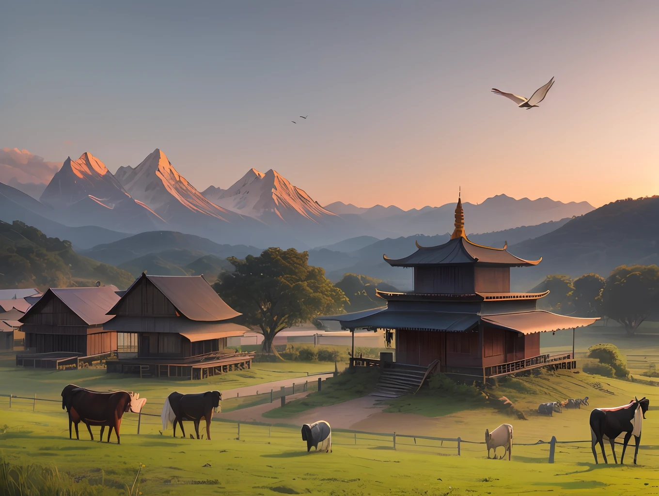 Sunset, mountains, birds, Burmese temple, field and cows, narrow street, high quality detail photo, 4k quality, high resolution, good quality photo, raw photo --auto --s2
