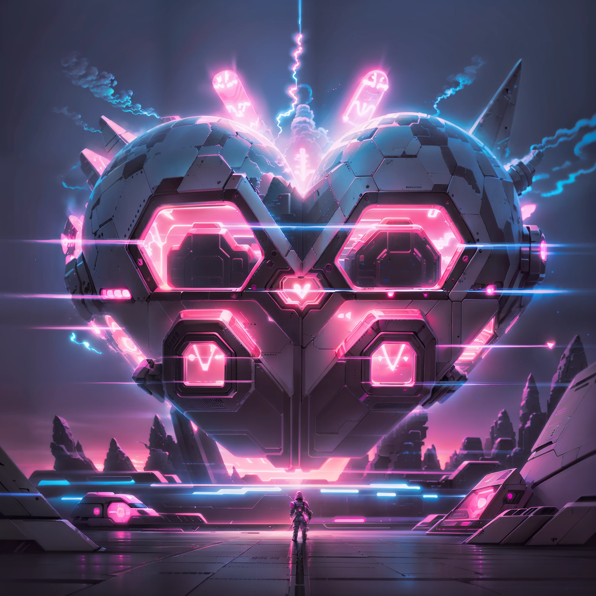 (futuristic, cyber, spaceship crash site),(glowing pink neon hearts in the air,smoking,high saturation), (heart shaped UFO)