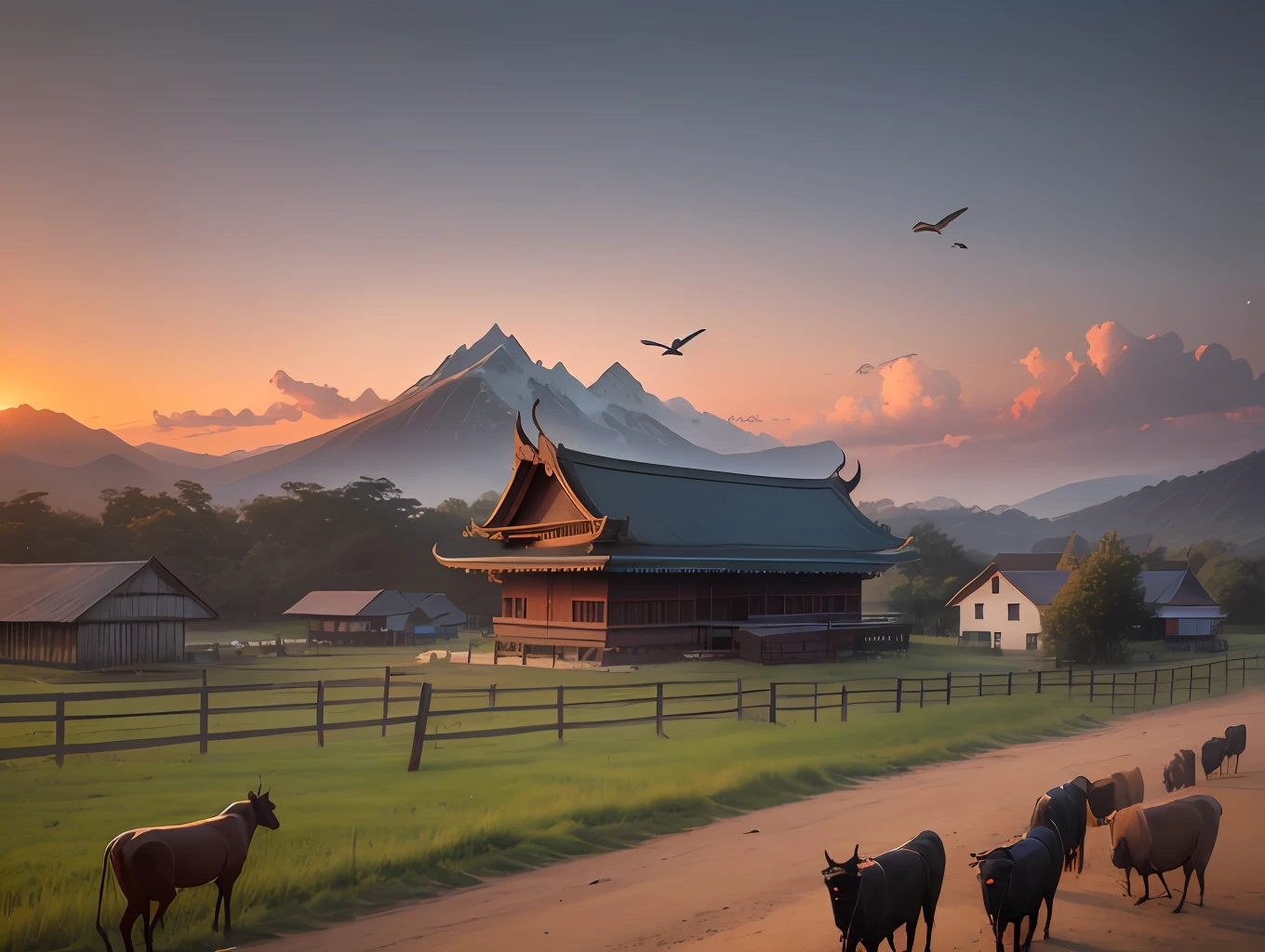 Sunset, mountains, birds, Burmese temple, field and cows, narrow street, high quality detail photo, 4k quality, high resolution, good quality photo, raw photo --auto --s2