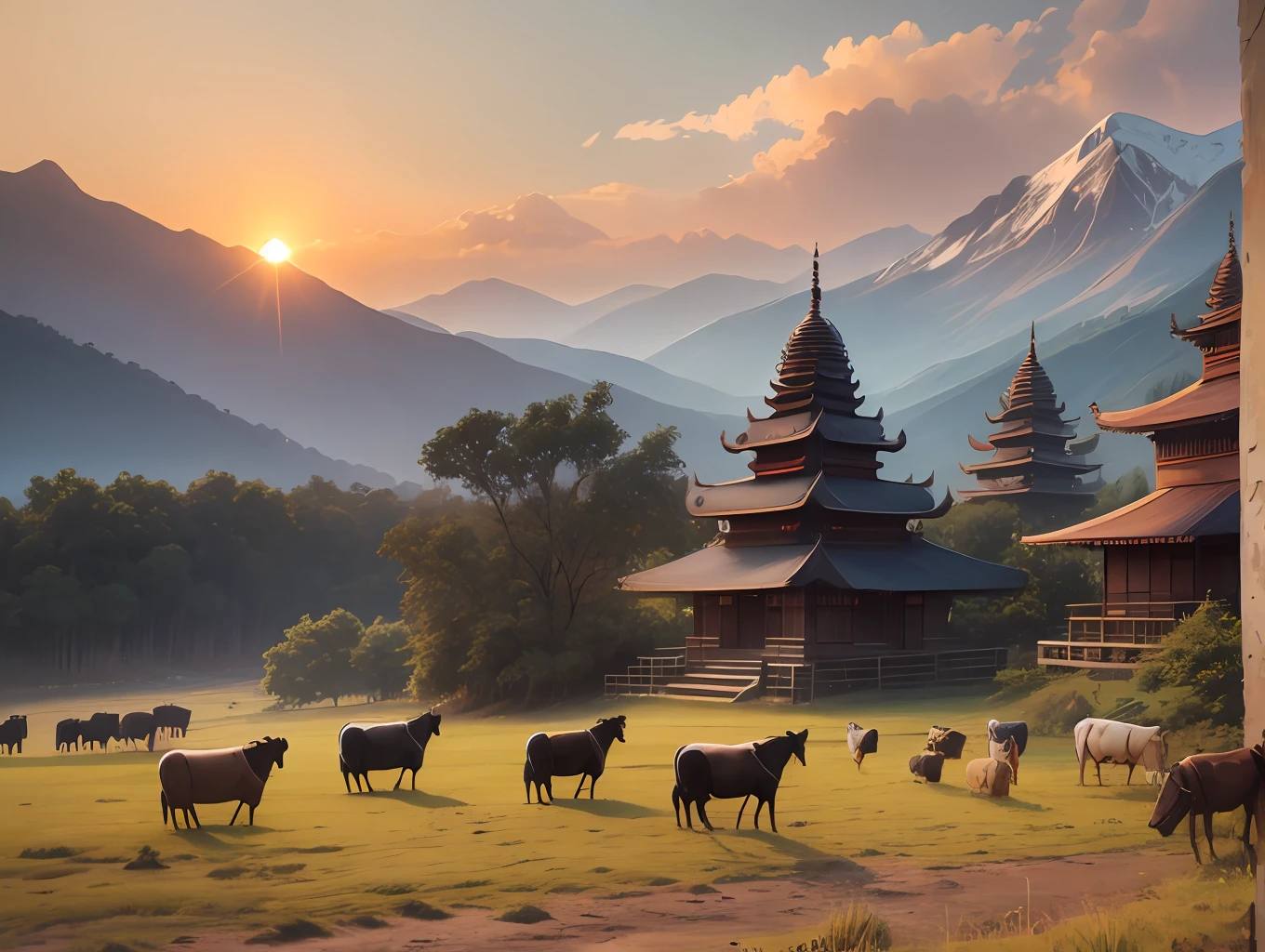 Sunset, mountains, birds, Burmese temple, field and cows, narrow street, high quality detail photo, 4k quality, high resolution, good quality photo, raw photo --auto --s2