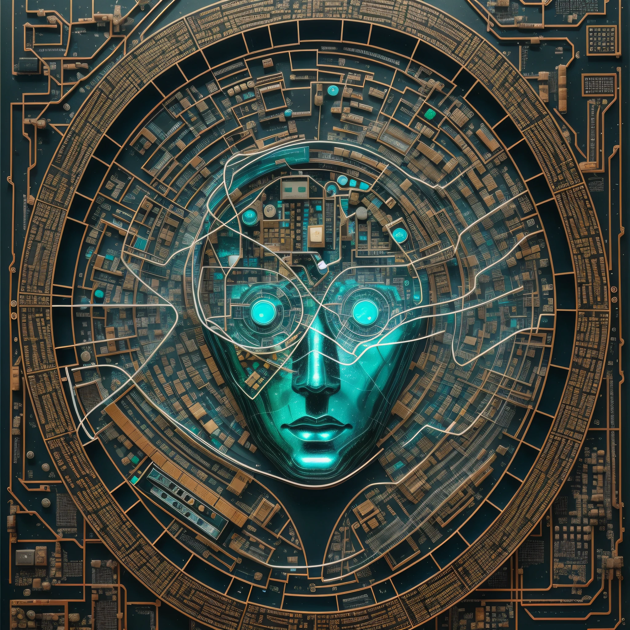 Create a mixed-media surrealist artwork depicting a morphing figure made out of shattered glass and binary code, flowing into a sea of circuit boards.