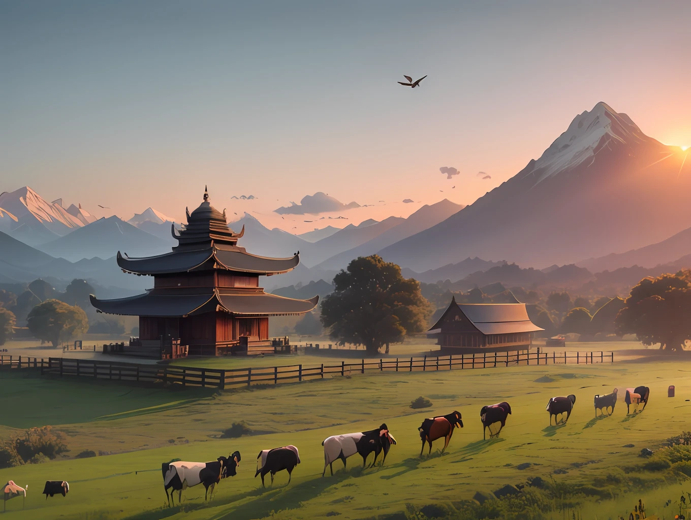 Sunset, mountains, birds, Burmese temple, field and cows, narrow street, high quality detail photo, 4k quality, high resolution, good quality photo, raw photo --auto --s2