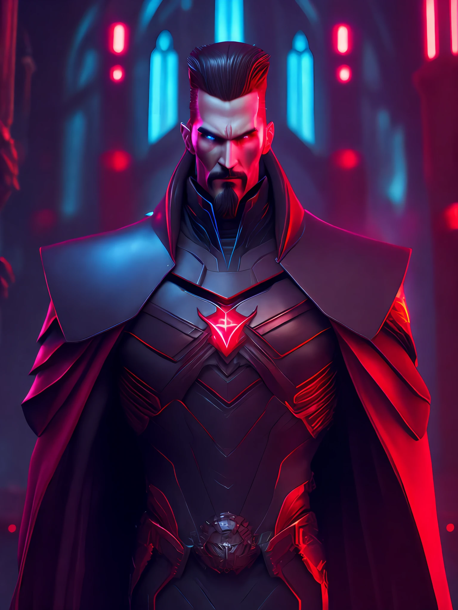 Portrait, Mister Sinister from Marvel, biomechanical, complex robot, full growth, hyper-realistic, insane small details, extremely clean lines, cyberpunk aesthetic, masterpiece featured on Zbrush Central, gothic brutalist cathedral, cyberpunk, award-winning photo, bokeh, neon lights, cybernetic limb