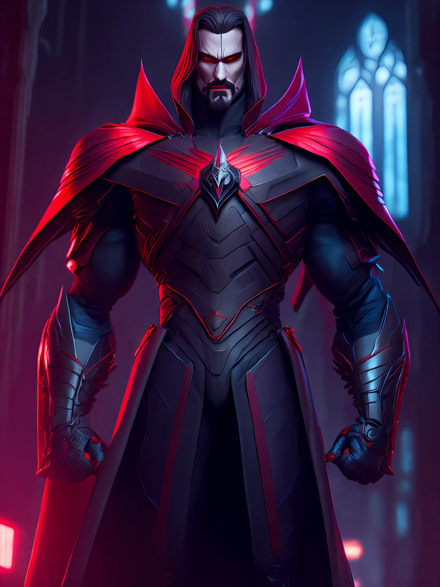 Portrait, Mister Sinister from Marvel, biomechanical, complex robot, full growth, hyper-realistic, insane small details, extremely clean lines, cyberpunk aesthetic, masterpiece featured on Zbrush Central, gothic brutalist cathedral, cyberpunk, award-winning photo, bokeh, neon lights, cybernetic limb