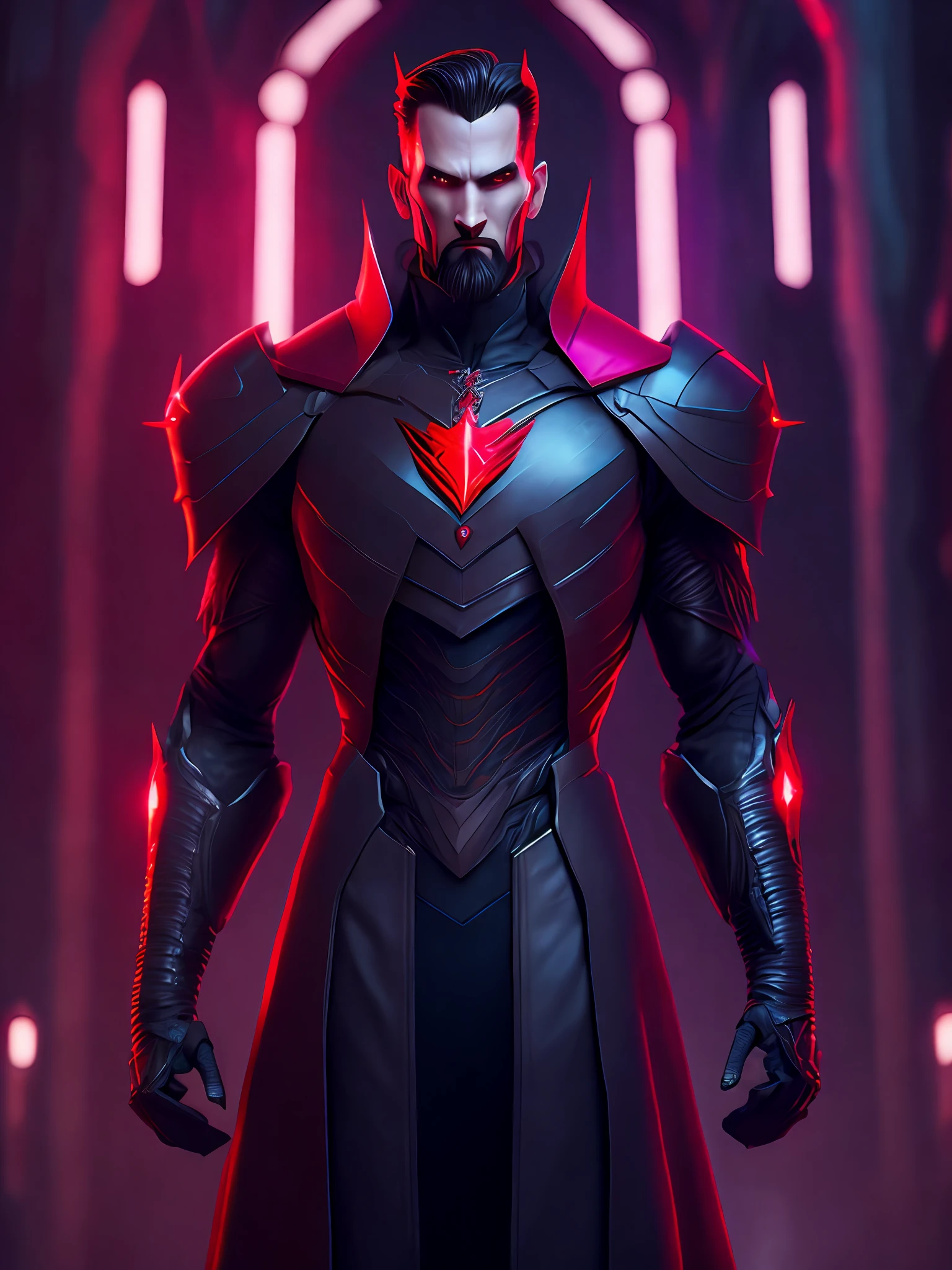 Portrait, Mister Sinister from Marvel, biomechanical, complex robot, full growth, hyper-realistic, insane small details, extremely clean lines, cyberpunk aesthetic, masterpiece featured on Zbrush Central, gothic brutalist cathedral, cyberpunk, award-winning photo, bokeh, neon lights, cybernetic limb