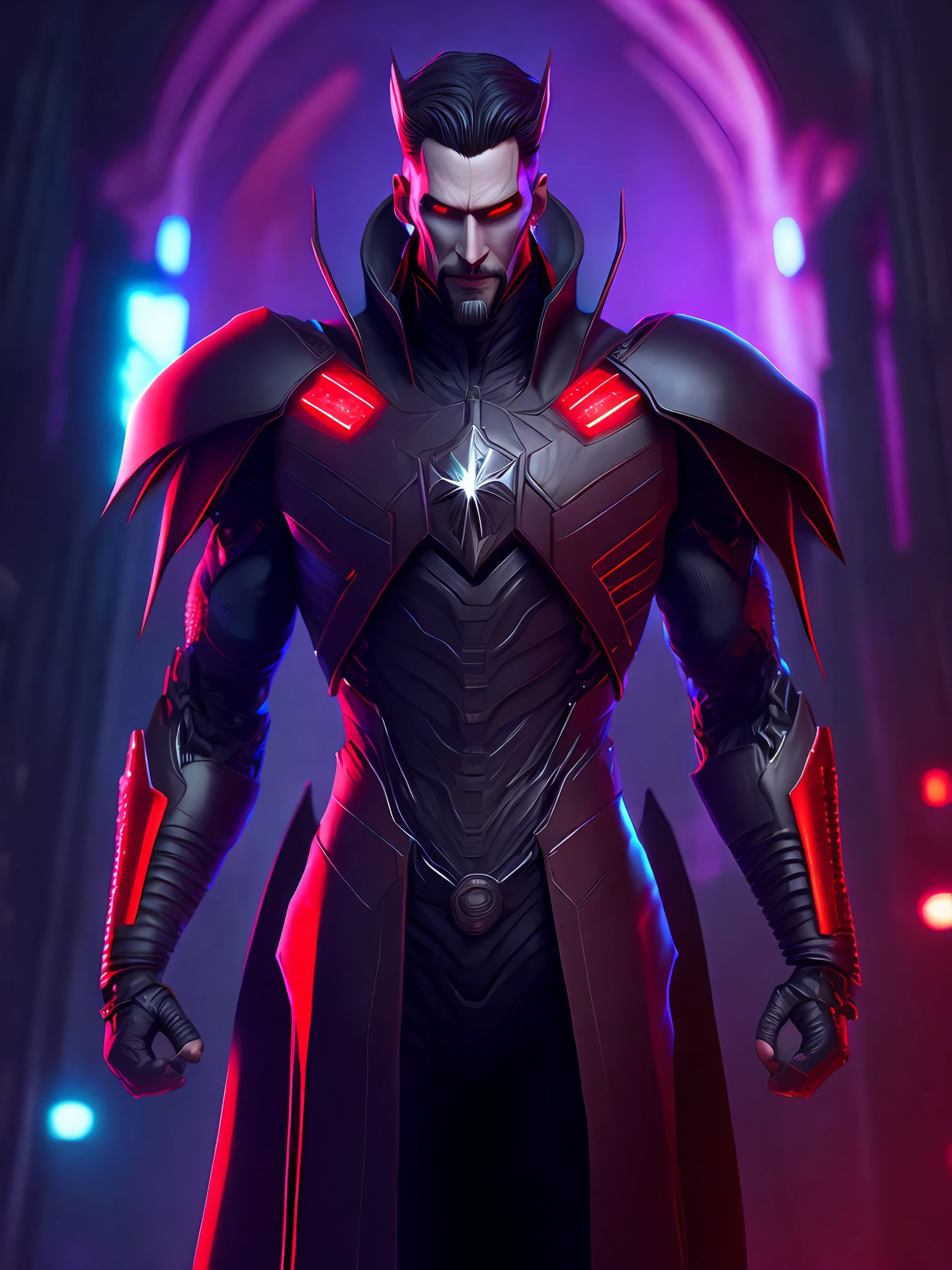 Portrait, Mister Sinister from Marvel, biomechanical, complex robot, full growth, hyper-realistic, insane small details, extremely clean lines, cyberpunk aesthetic, masterpiece featured on Zbrush Central, gothic brutalist cathedral, cyberpunk, award-winning photo, bokeh, neon lights, cybernetic limb