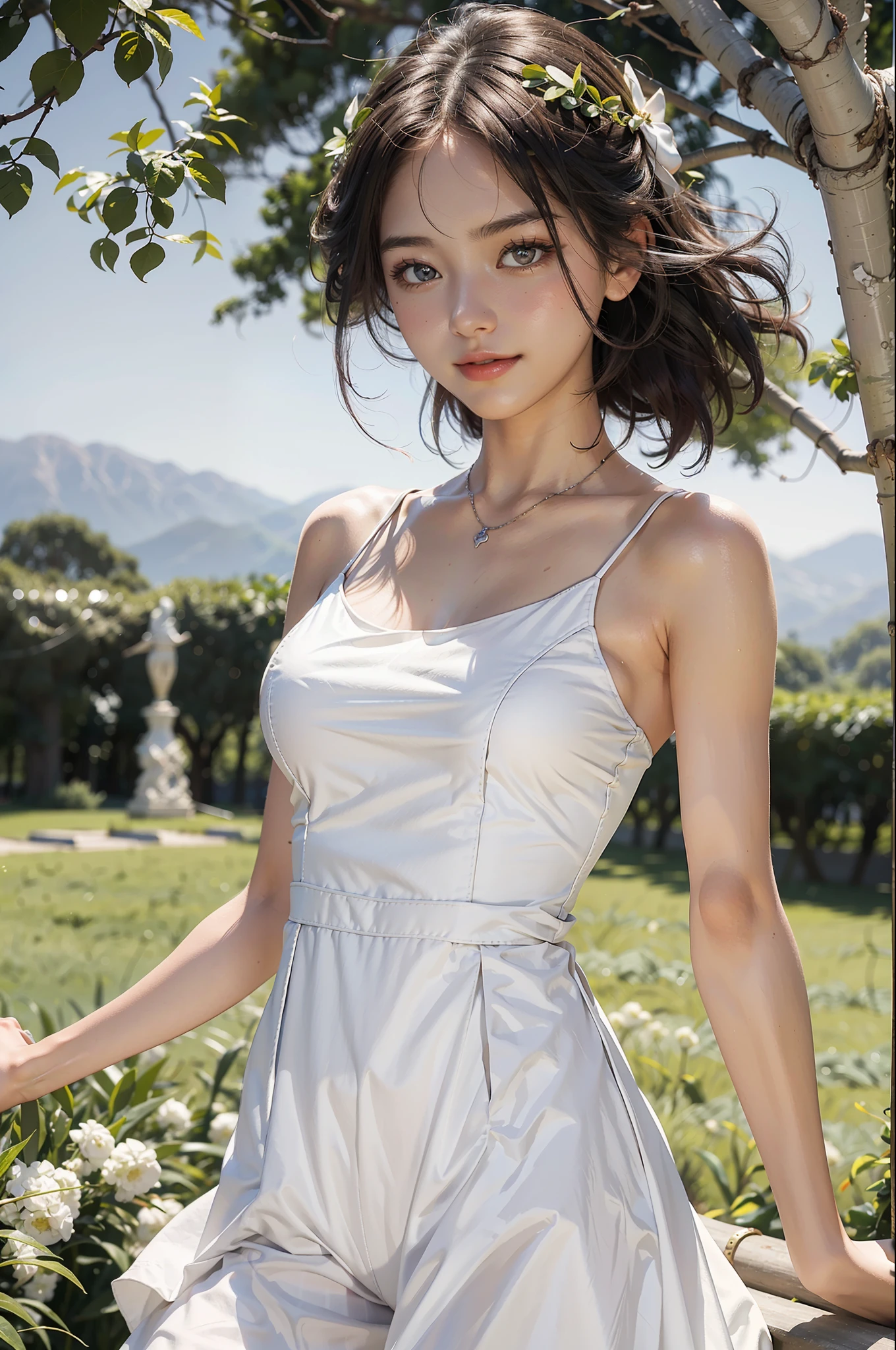 Best Quality, Masterpiece, Ultra High Resolution, 1girl, White Dress, Bare Shoulders, Field, Glowing Skin, Light Smile, Corolla, Asuka,
