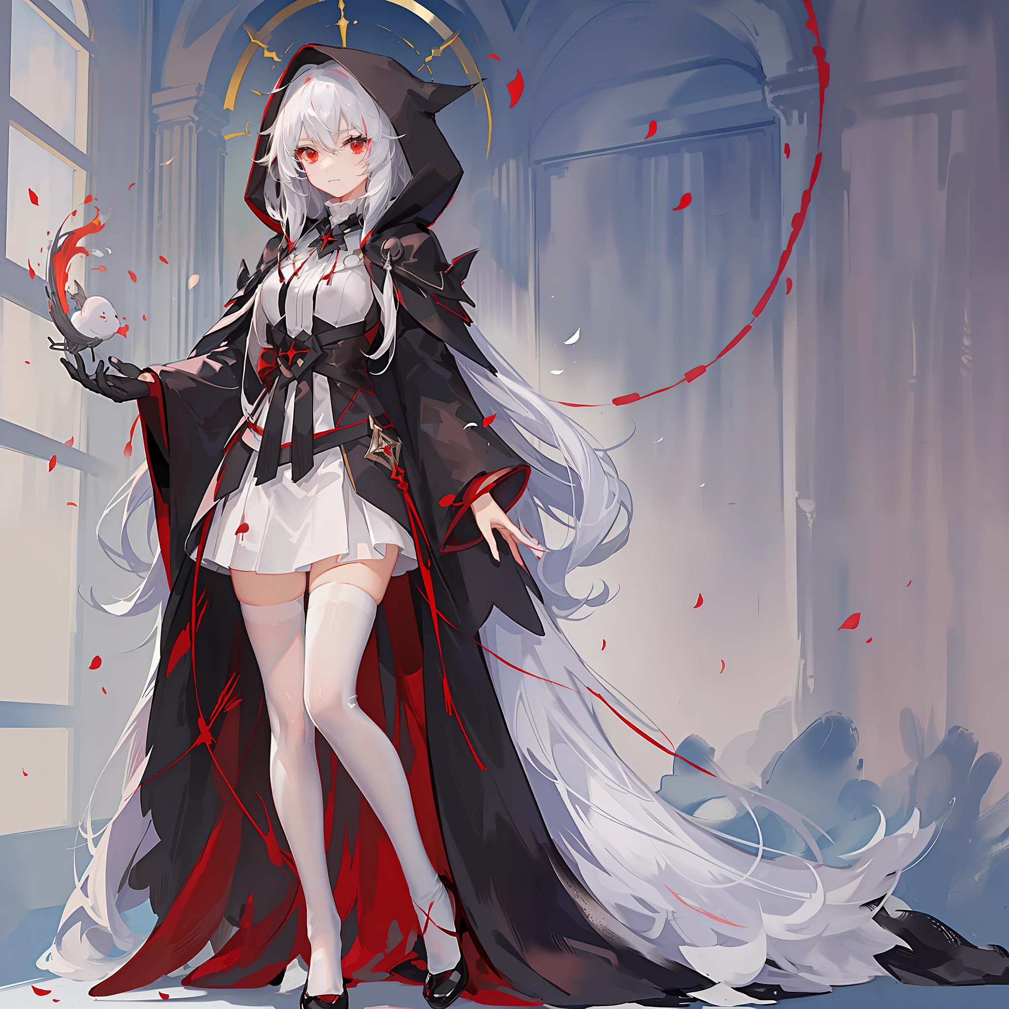 Maiden, white stockings, round red thread striped road black robe, hood, cape, red eyes, long white hair, faint smile, standing posture, full body, mage, holy girl