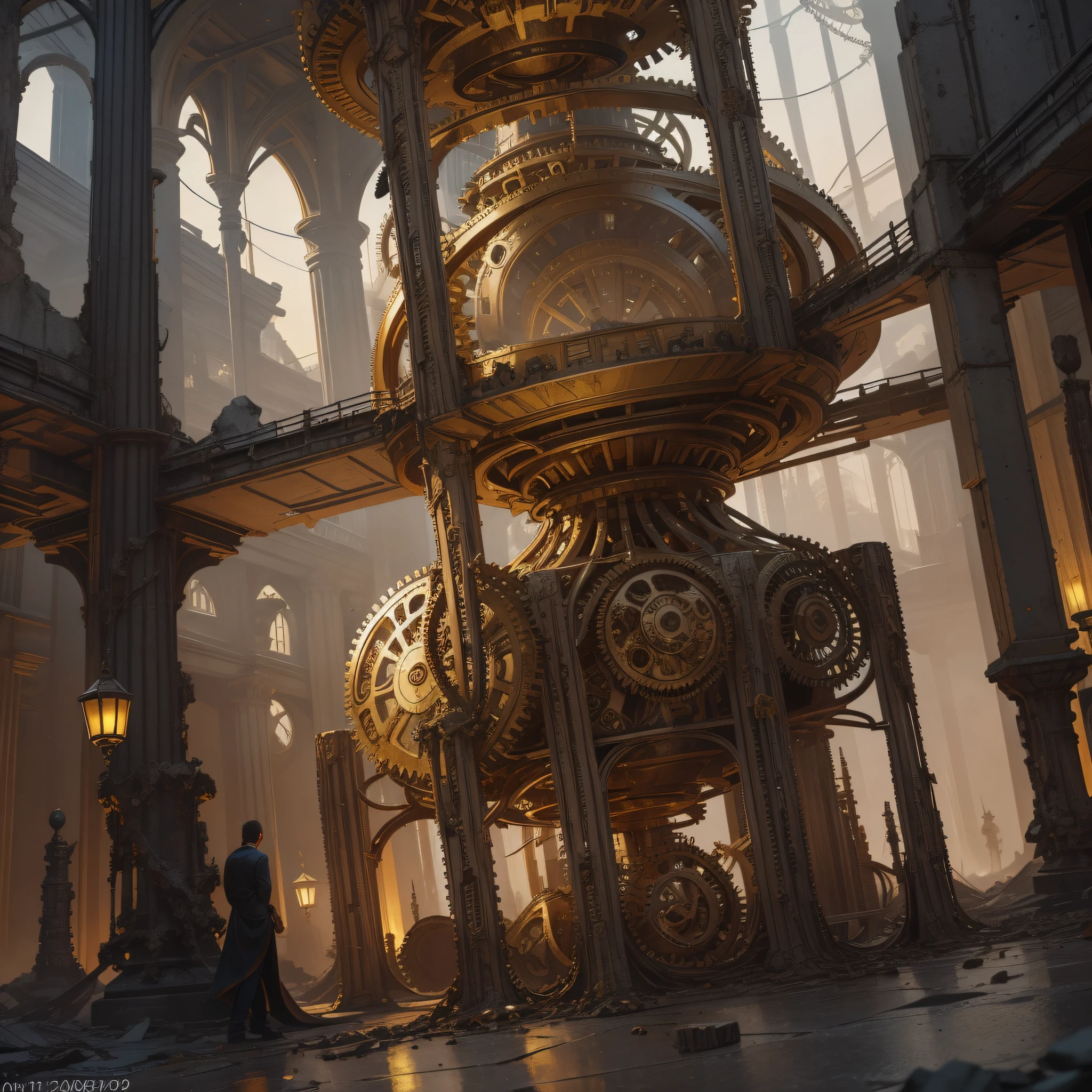 Photograph a character trapped in a giant, twisted hourglass, with one half filled with golden dust and the other with cobweb-covered ruins. The character is surrounded by gears and cogs that seem to be moving.