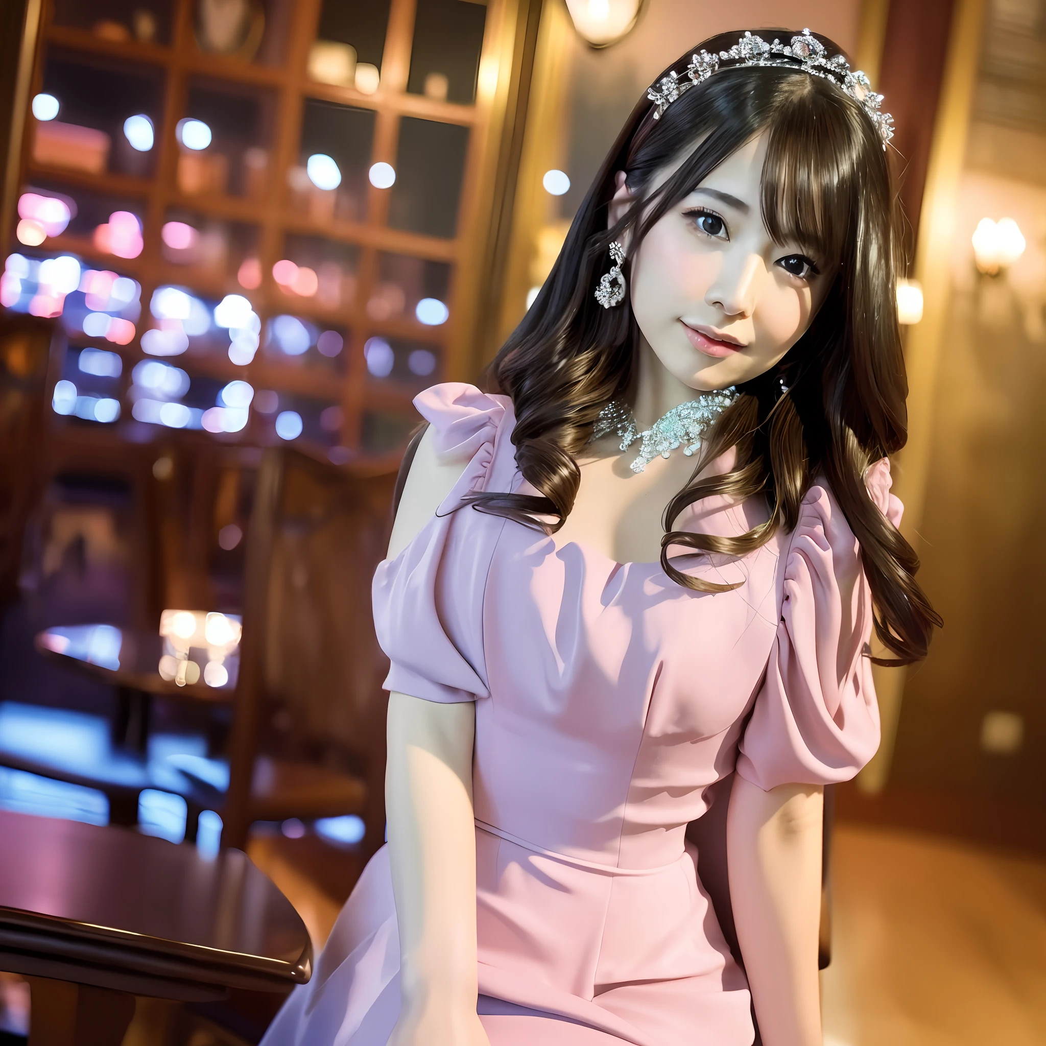(8k, top quality, masterpiece: 1.2), (realistic, photorealistic: 1.37), super detailed, girl single, cute, solo, midnight, beautiful detailed sky, detailed café, sitting, date, (blush), (smile: 1.15), small breasts (mouth closed), beautiful fine eyes, floating hair NovaFrogStyle, back open dress